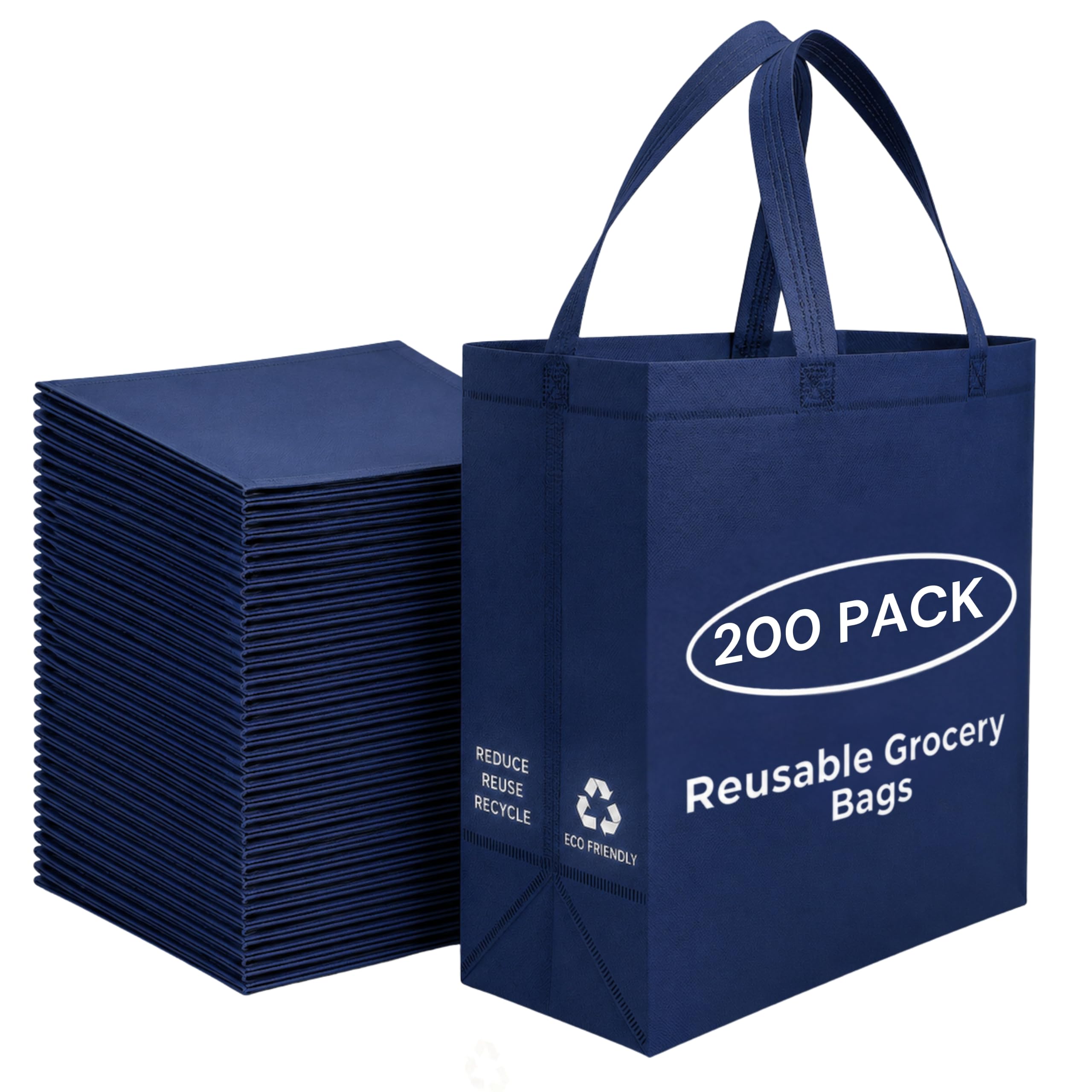 Simply Cool Reusable Grocery Bags Eco-Friendly - Large Reusable Shopping Bags, Heavy Duty Grocery Bags, 14.5"x14"x6.6" Foldable, Tote Bags Bulk (200 Pack, Old Navy)