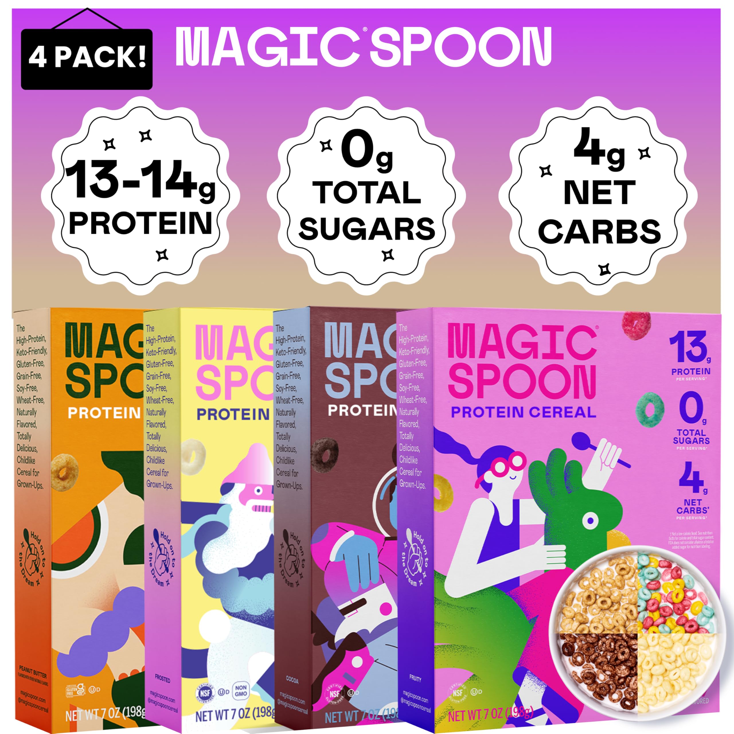 Magic Spoon Cereal Variety 4 Pack - Ket & Low Carb Lifestyle, Gluten & Grain Free, High Protein, Sugar 0g