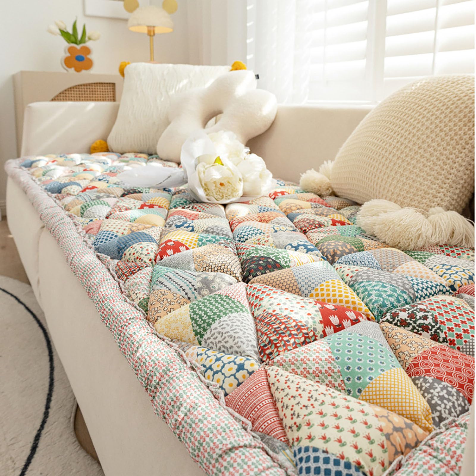 Housse de Protection for Canapé en Coton Garden Chic, Antidérapante Universelle Protège-canapé pour Chiens, Patchwork Housse de Canapé Tapis de Sol(70x210cm(27x83inch), A)