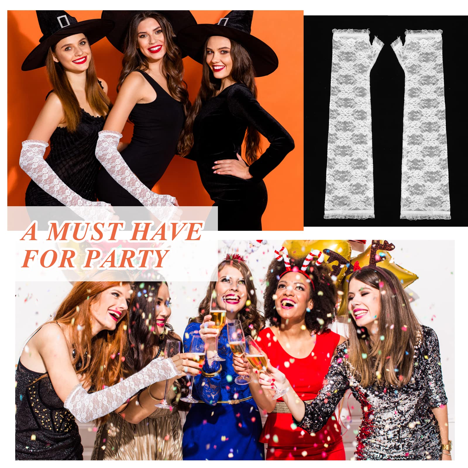Gants Longs Sans Doigts En Dentelle – Lot De 2 (noir Et Blanc) – Longueur Coude, Motif Floral – Pour Mariage, Soirée, Cosplay