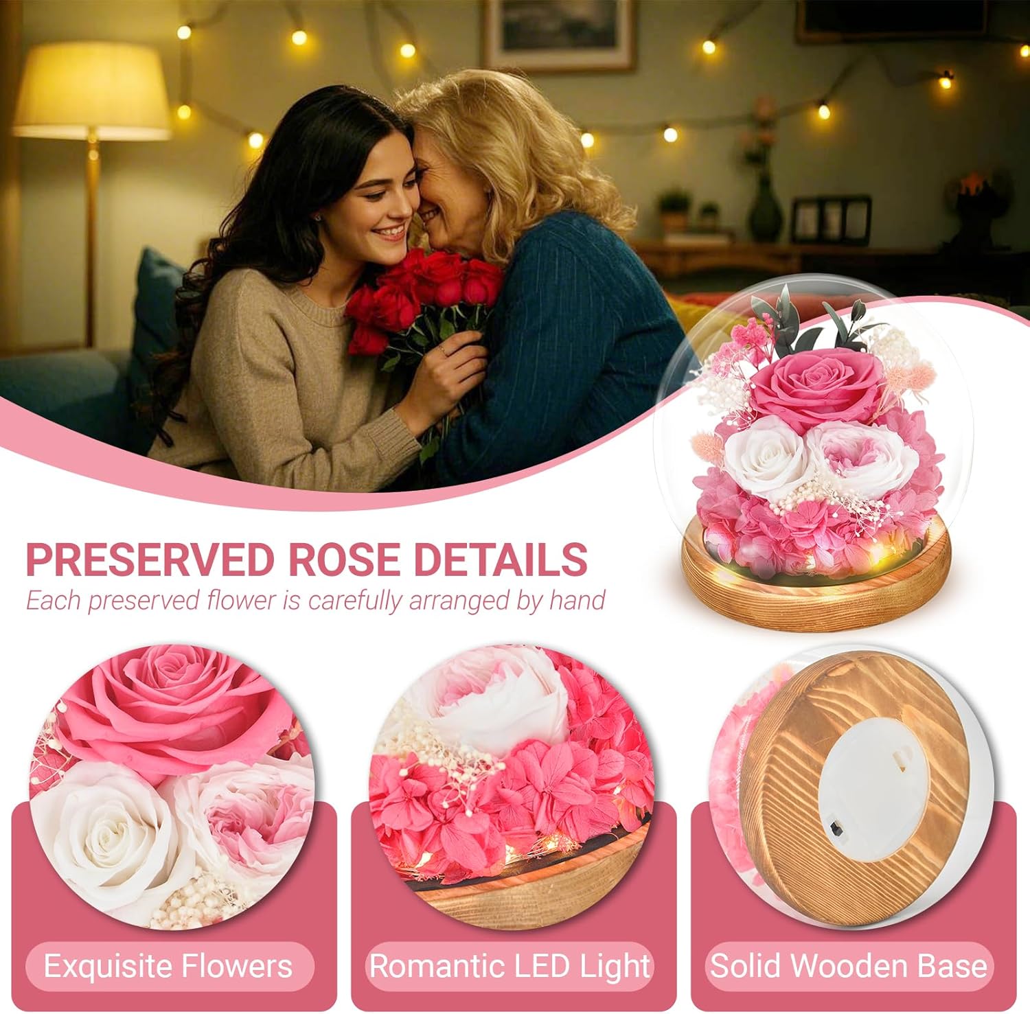 Preserved Flowers Roses in Glass Dome, Forever Flowers for Delivery Prime, Eternal Rose Long Lasting Flowers Gifts for Women Mom Wife Grandma Friends (Pink) - Image 3