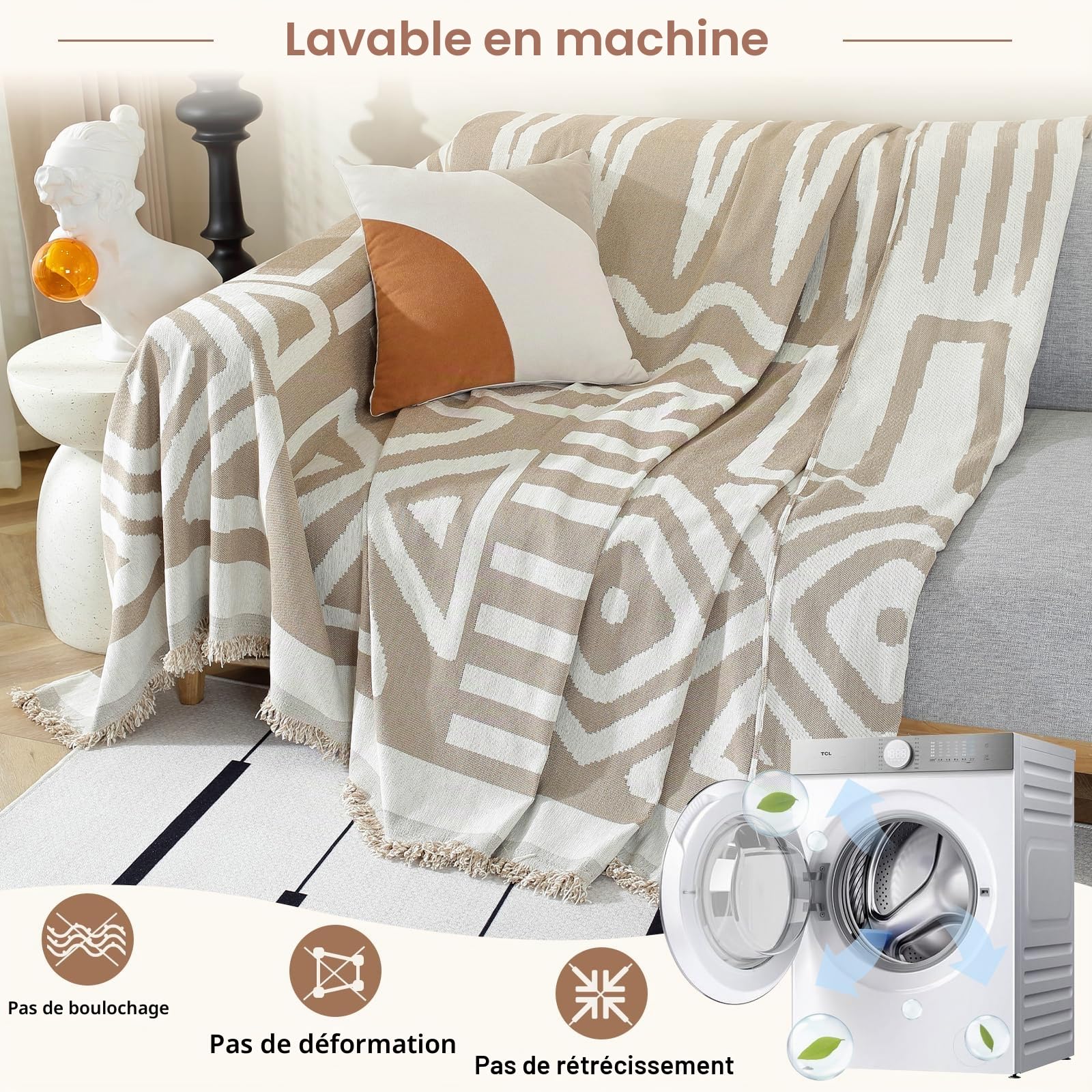 OstepDecor Housse de Canapé 1/2/3/4 Places, 180 x 260 cm, Jeté de Canapé en Chenille Douce, Protège-Canapé Tous Les Saisons, Antitache et Facile à Nettoyer (Kaki Bohème)