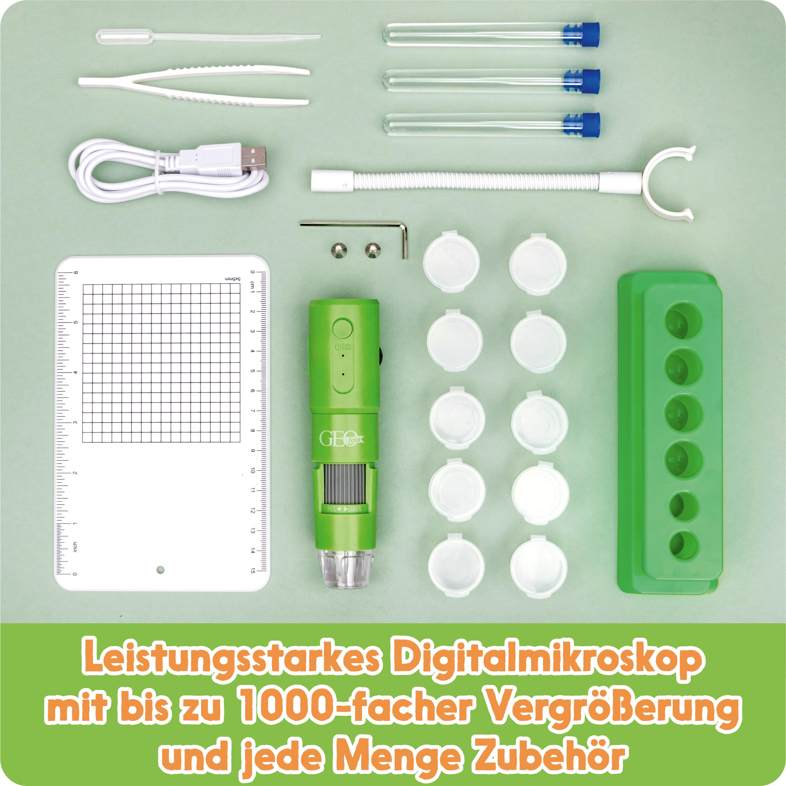 FRANZIS 67184 - GEOLINO Digitales Mikroskop, das große Entdecker-Set mit Experimentierideen für drinnen und draußen für Kinder ab 8 Jahren, inkl. 96-seitigem Begleitbuch