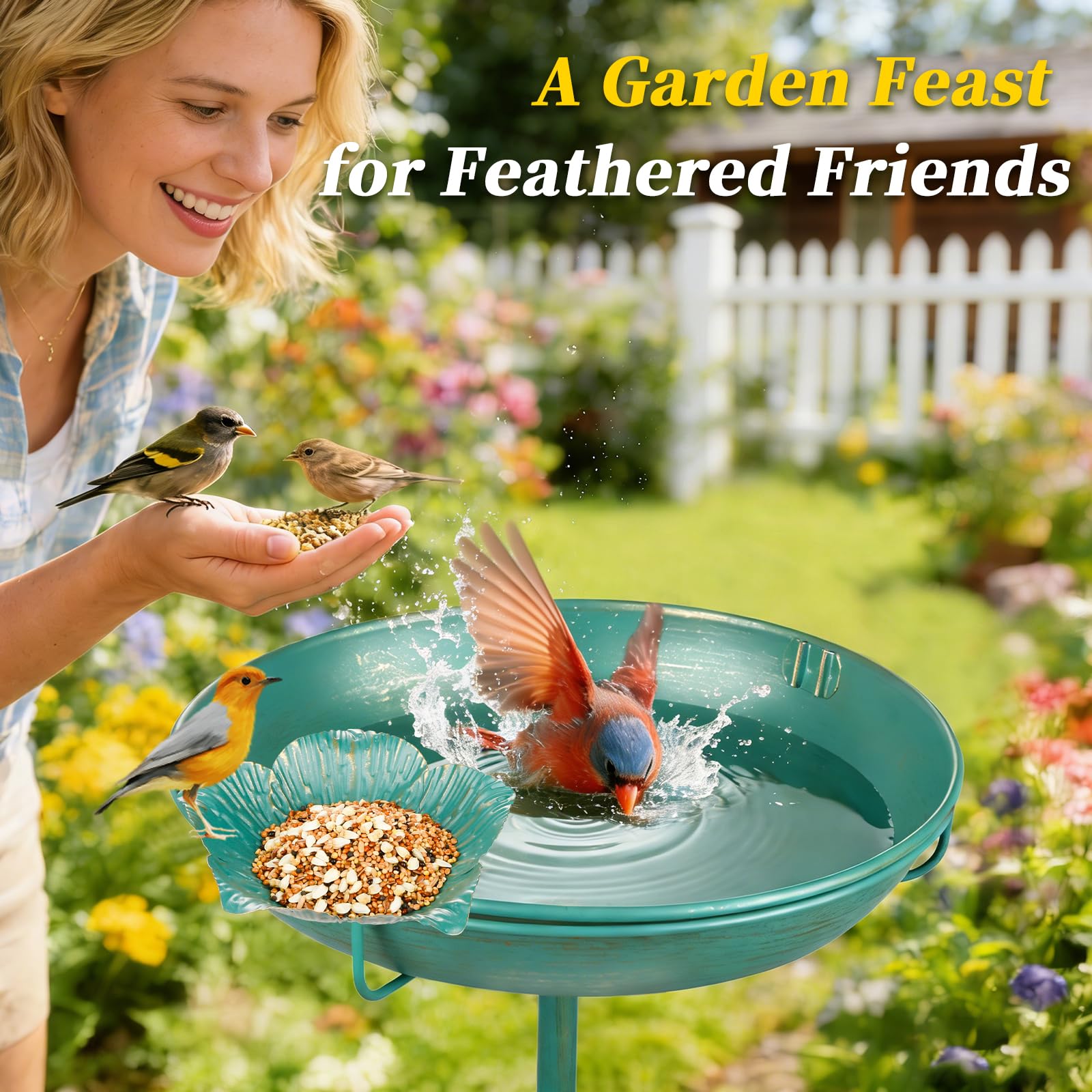Mellbree Metal Bird Bath for Outside, 10" Dia 39" H Lake Blue with Gold Gilding, Freestanding with Perch & Feeder Bowl, Multi-Functional for Garden Patio Yard Lawn Outdoor Decor - image 2