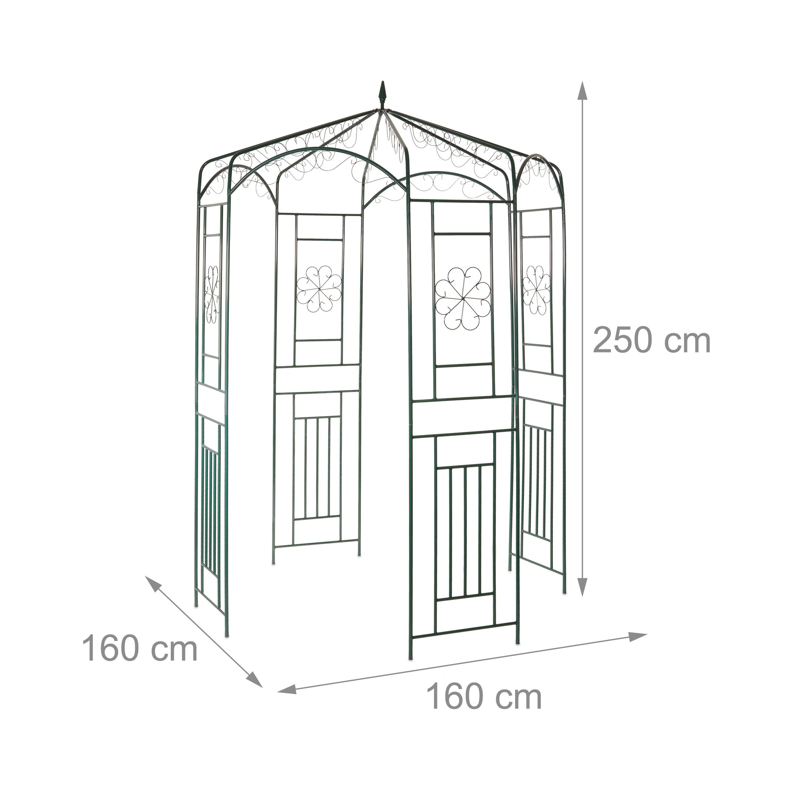 Relaxdays Rosenpavillon Metall, Rankhilfe für Kletterpflanzen, Garten, dekorativer Rankpavillon, HBT 250x160x160cm, grün, Dunkelgrün