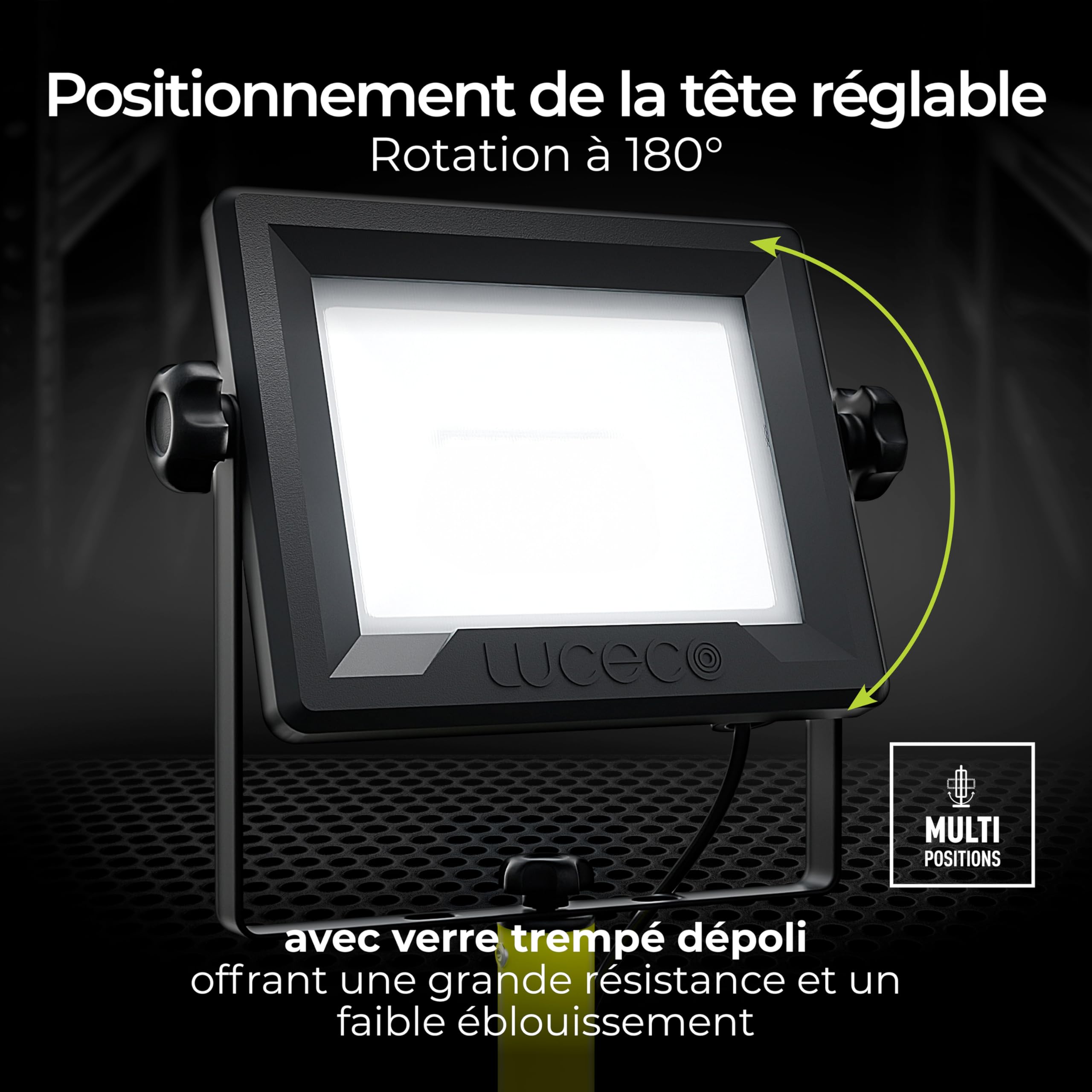 Luceco Treppiede LED a Testa Singola, Sottile, Regolabile, Multiposizione, Pieghevole, Cavo da 2,5 m, Resistente alle Intemperie, Nero/Verde, IP65, 50W, 4000lm, 5000K, EFLDTS50B50