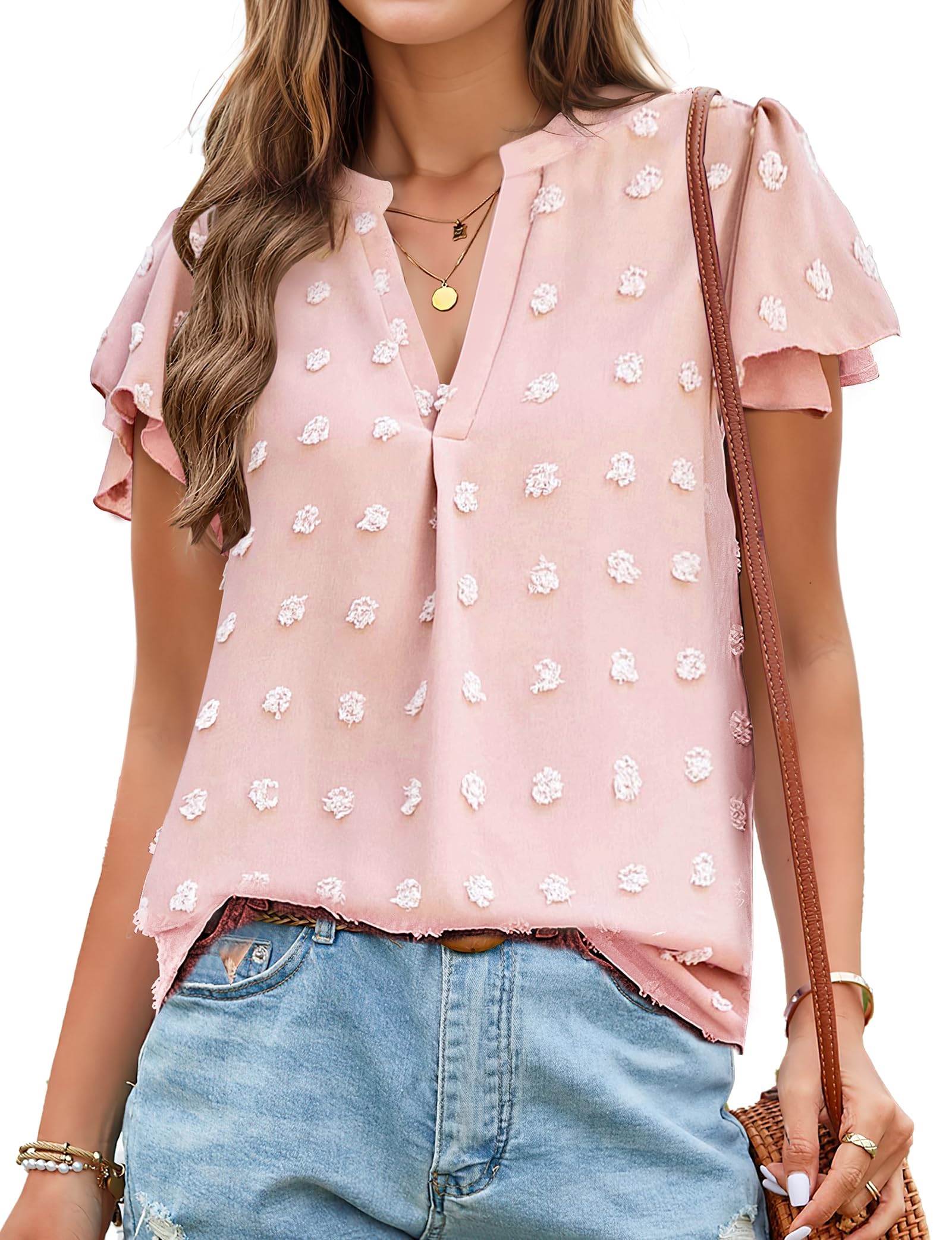 Womens Blouse V Neck Ruffle Short Sleeve Flowy Shirts Dressy Casual Cute Summer Tops Tunic Fashion Clothes
