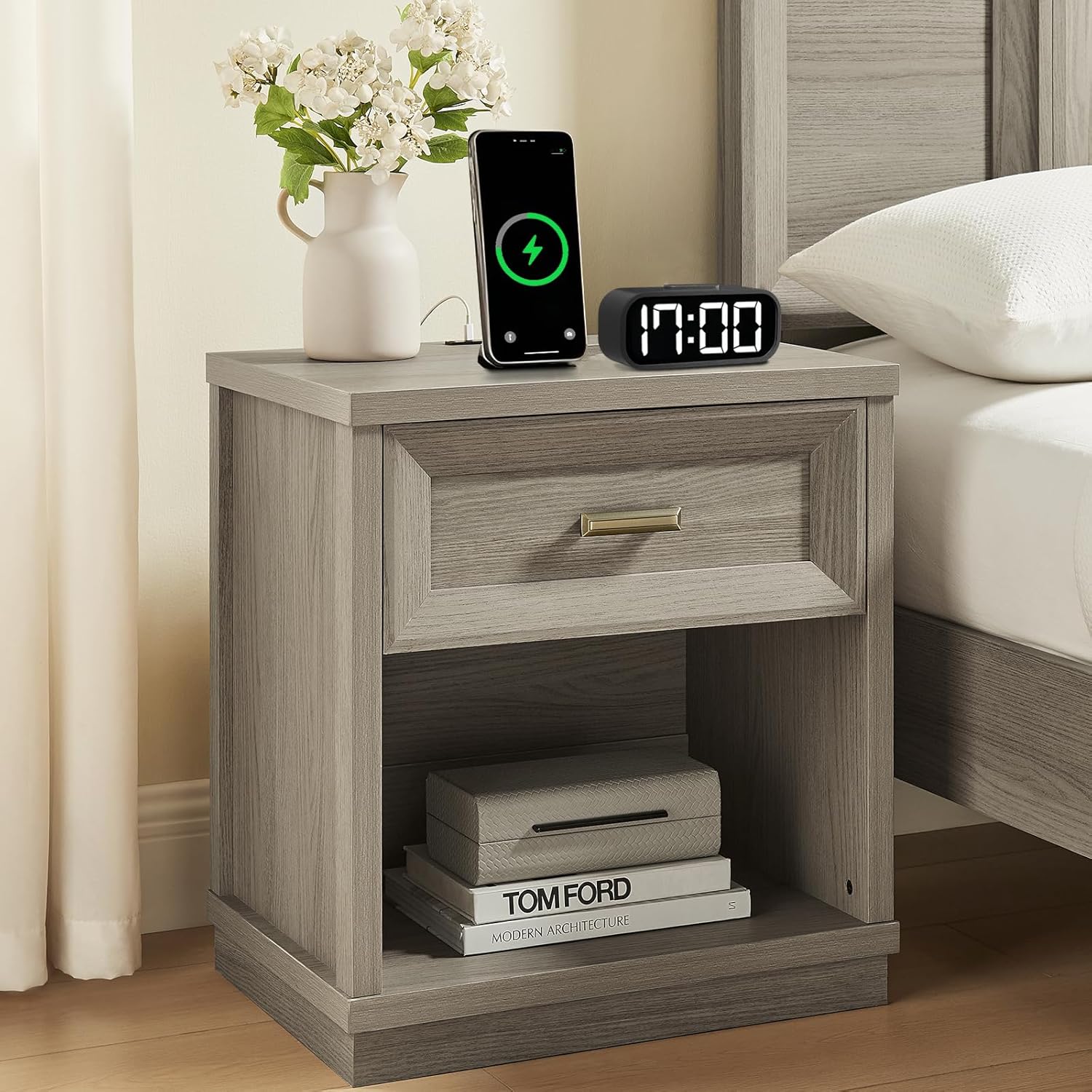 Nightstand with Charging Station, 24" Tall Modern Side Table with Drawer Storage and Open Shelf, Wooden Bedside Table for Small Spaces, Bedroom, Dorm, Office (Gray)