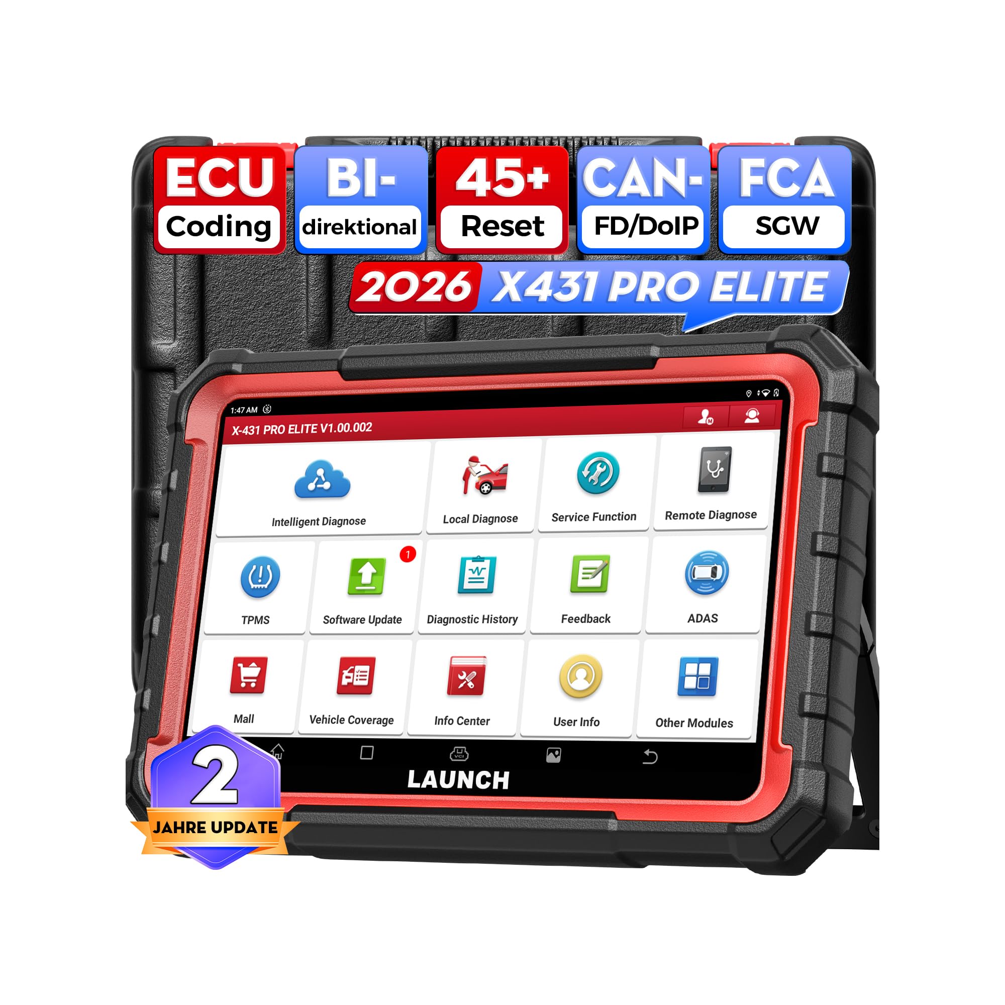 LAUNCH OBD2 Diagnosegerät X431 Pro Elite, ECU Online-Codierung & Bidirektional, Vollständige Systemdiagnose, 45+ Servicefunktionen, CANFD & DOIP, SGW-Lizenzfunktion Erweitern, 2 Jahren Update