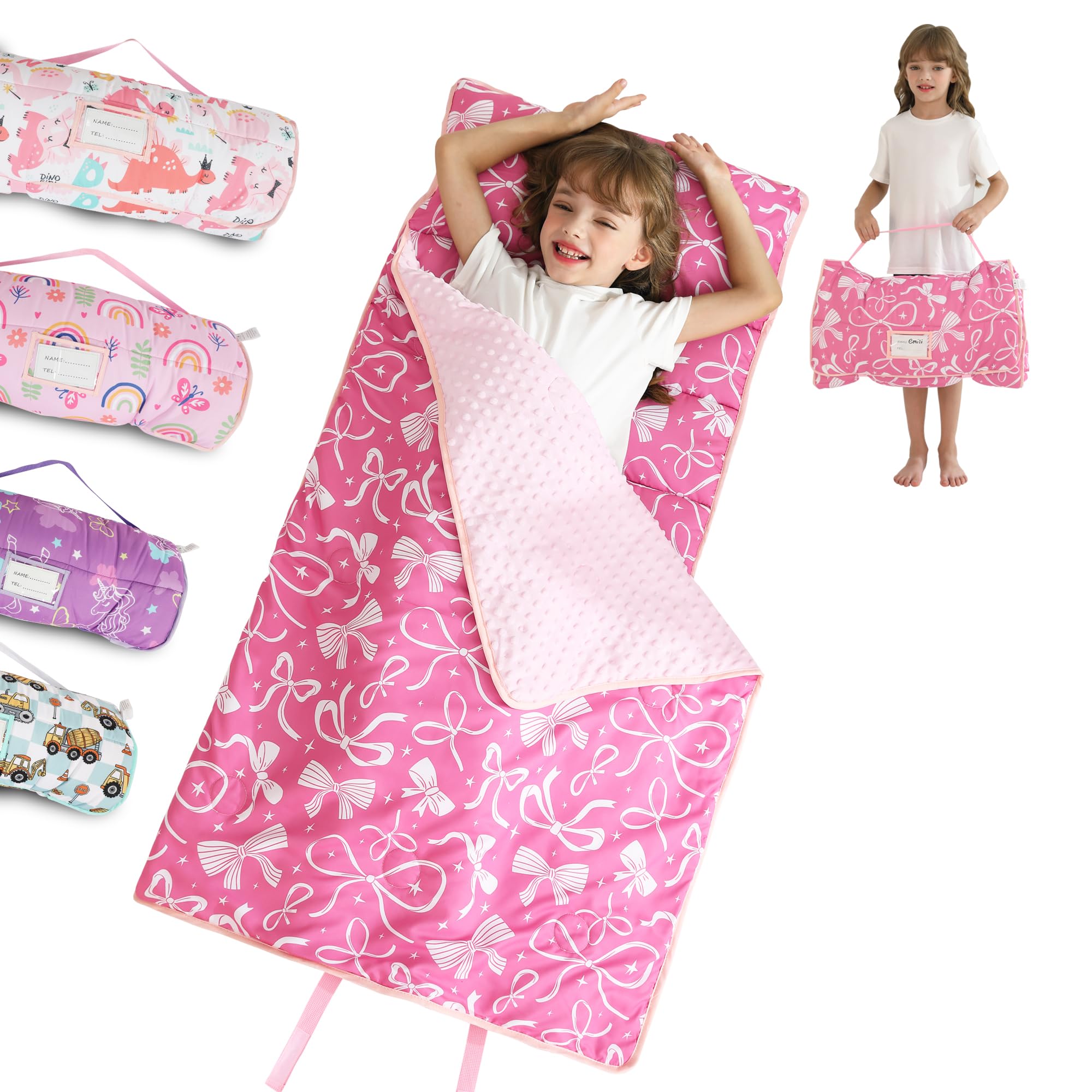 Toddler Nap Mat for Preschool 50''x30'' Sleeping Mat with Removable Pillow and Minky Blanket for Kids Ages 3-7 Roll Up Soft Sleeping Bag for Boys Girls Kindergarten Daycare Sleepover