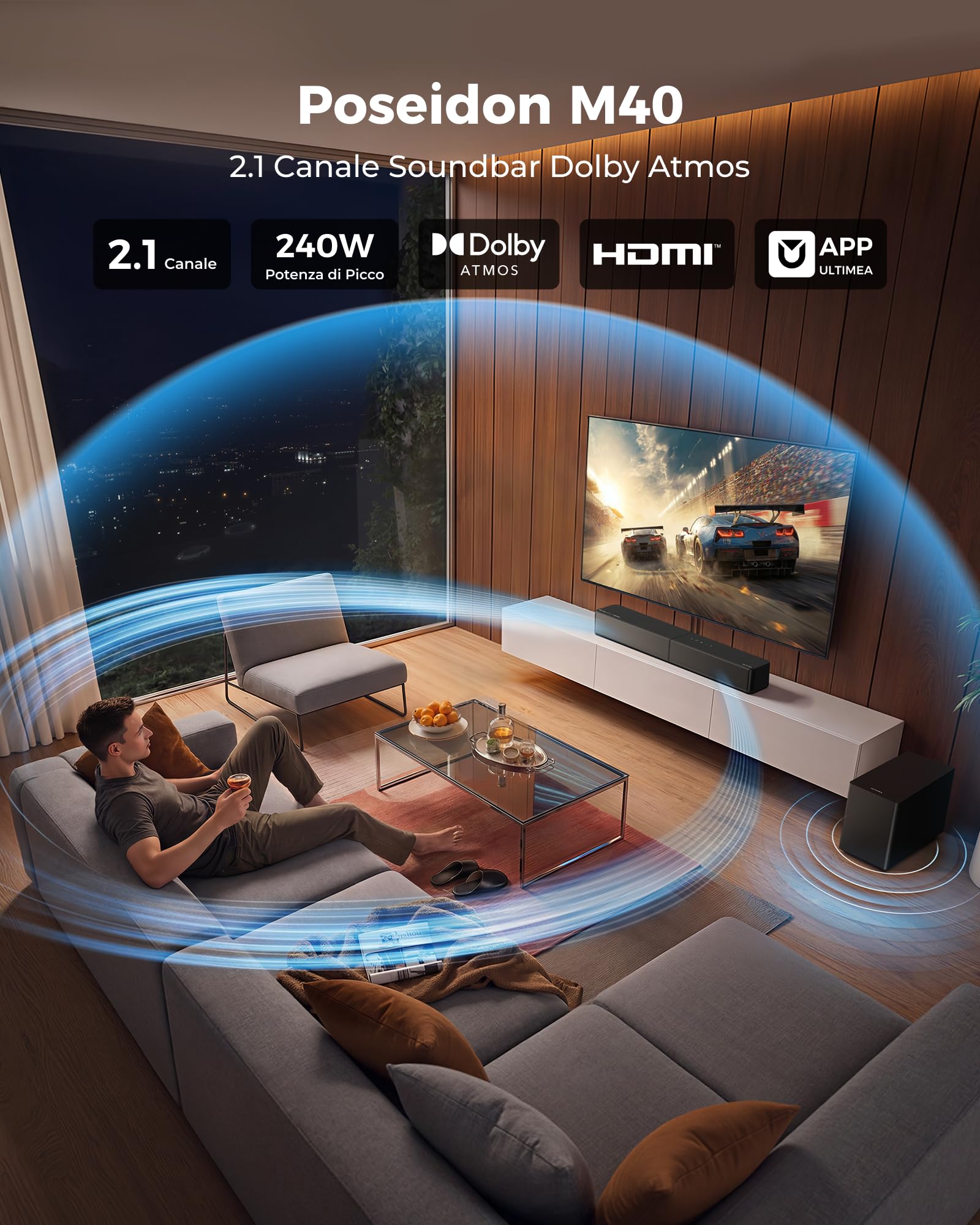 ULTIMEA 2.1 Soundbar con Subwoofer Wireless, Dolby Atmos, VoiceMx, BassMx, Soundbar per Smart TV 240 W Potenza di Picco, App Control, HDMI eARC, Ottico, Bluetooth® 6.0, Poseidon M40, Modello 2026