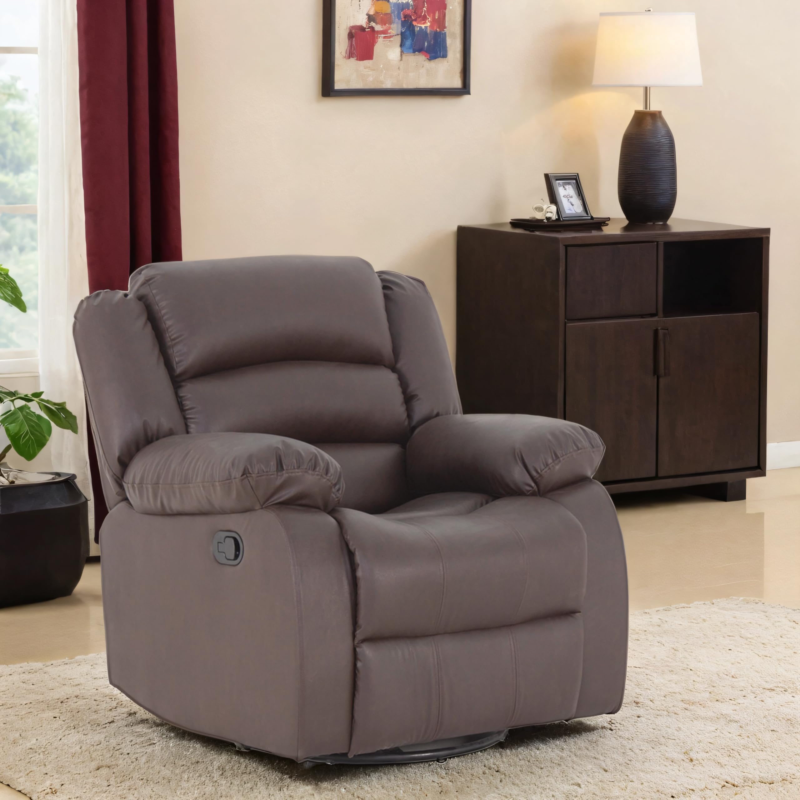 Peachtree Alexandra Rocker Recliner - 3 Year Warranty, Brown | 1 Seater Rotatable Chair Sofa | Mango Wooden Frame with PU Leatherite Fabric | Single Seater Swivel Sofa Recliner for Living Room Bedroom