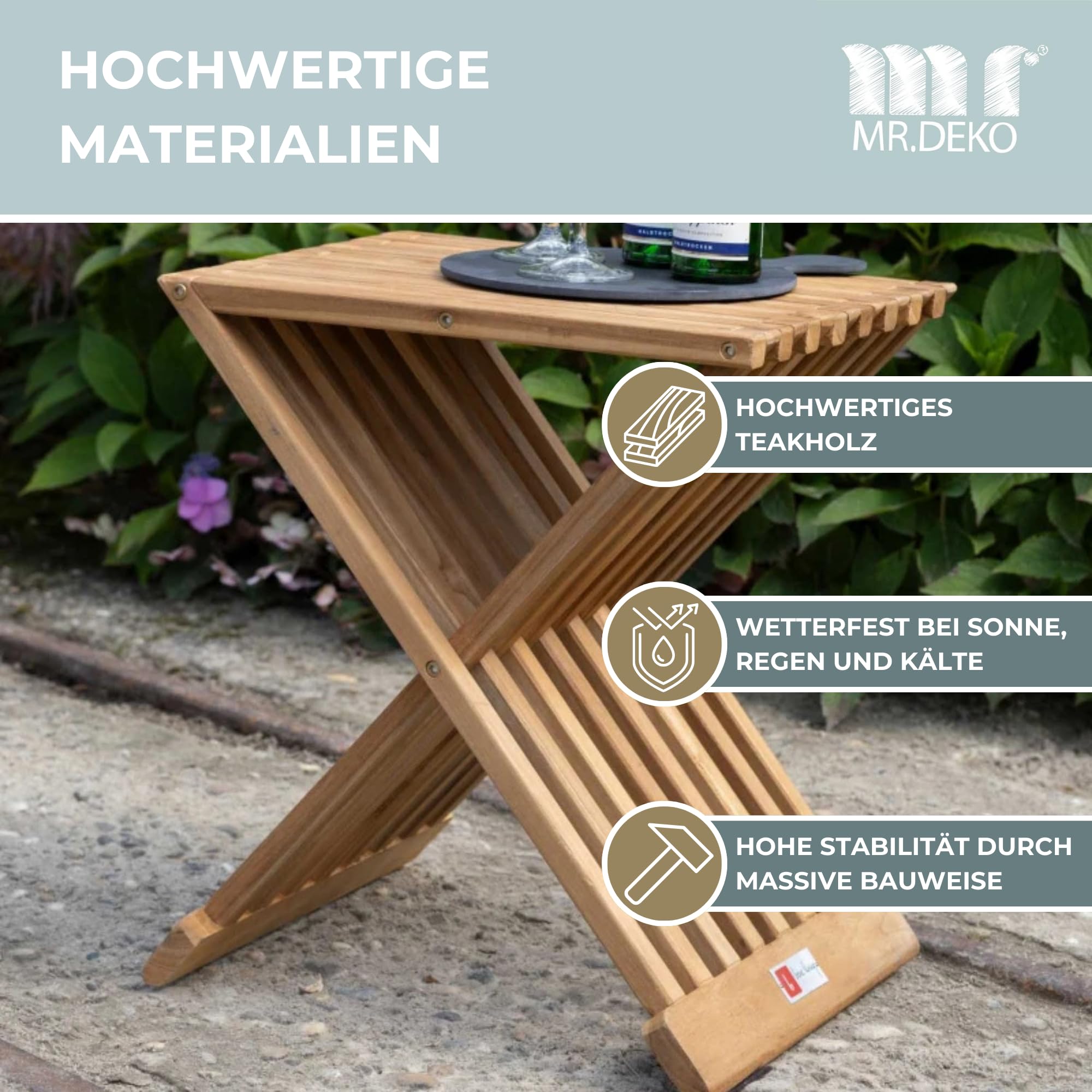 MR. DEKO Beistelltisch Outdoor Fishbone Balkon Tisch klappbar klein | 40x32cm Teakholz wetterfest