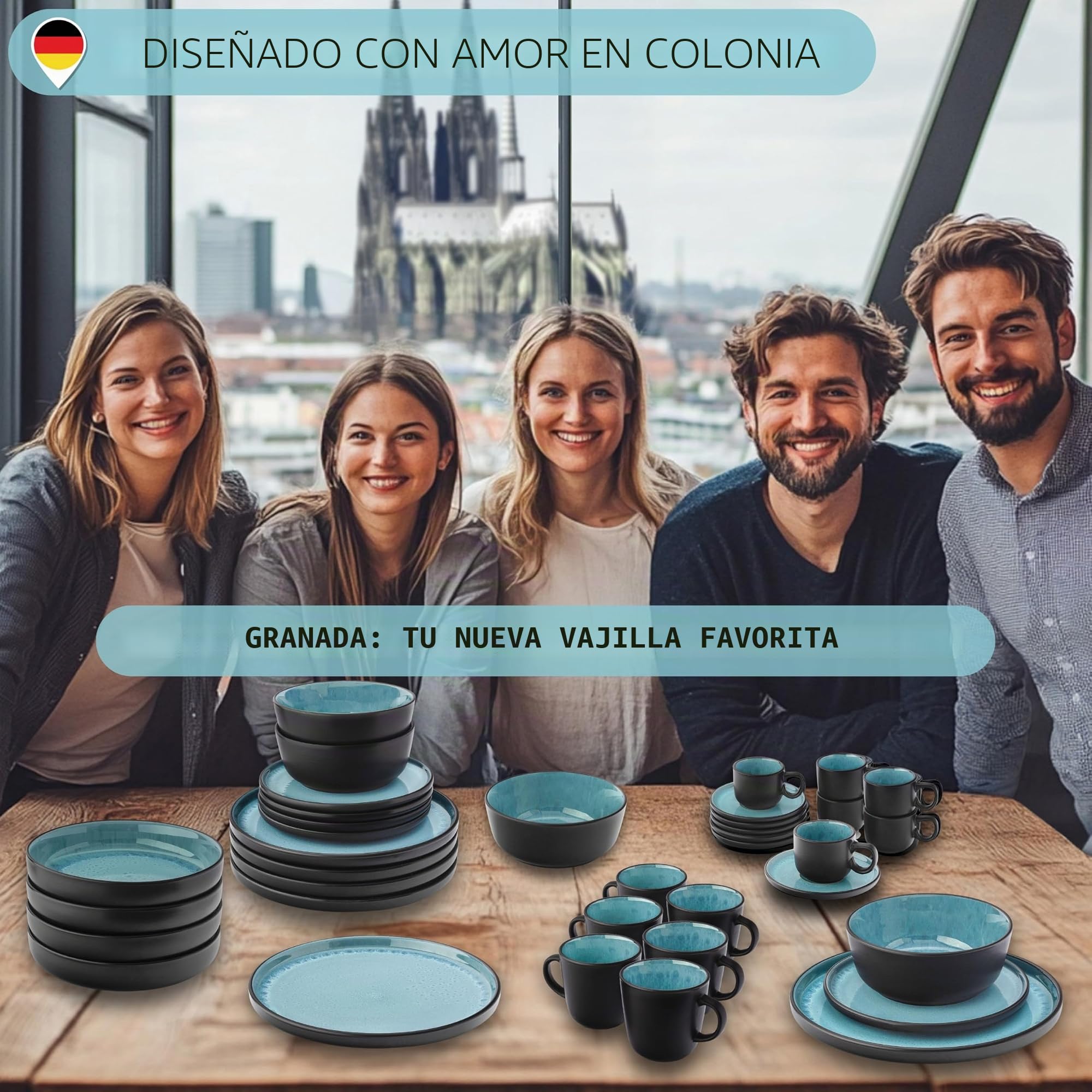 Sänger Granada Juego de tazas de café espresso (12 unidades, 80 ml), color azul con borde negro, 80 ml