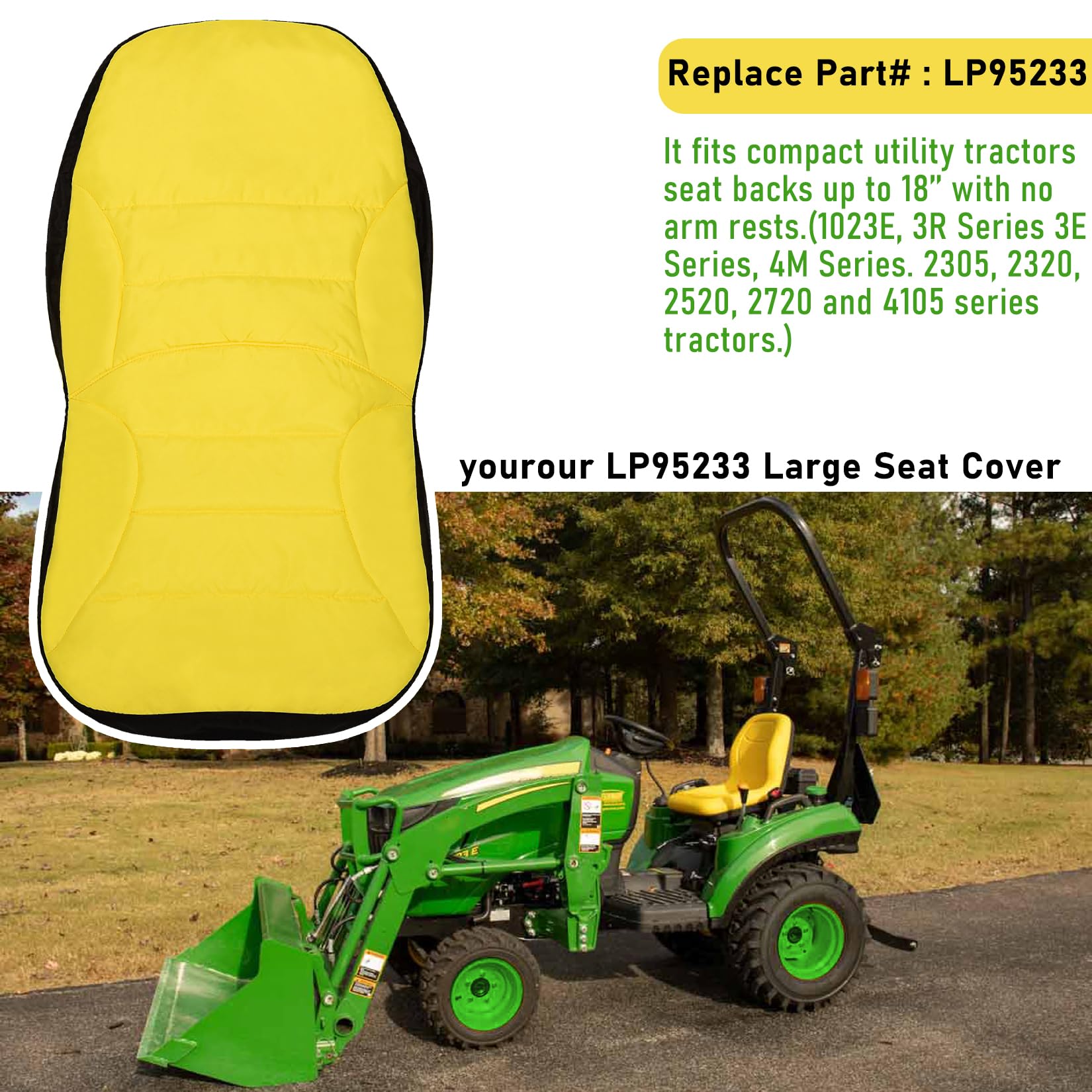 LP95233 Grande Housse de siège de Tracteur compacte Compatible avec John Deere + liste complète des modèles dans la Description
