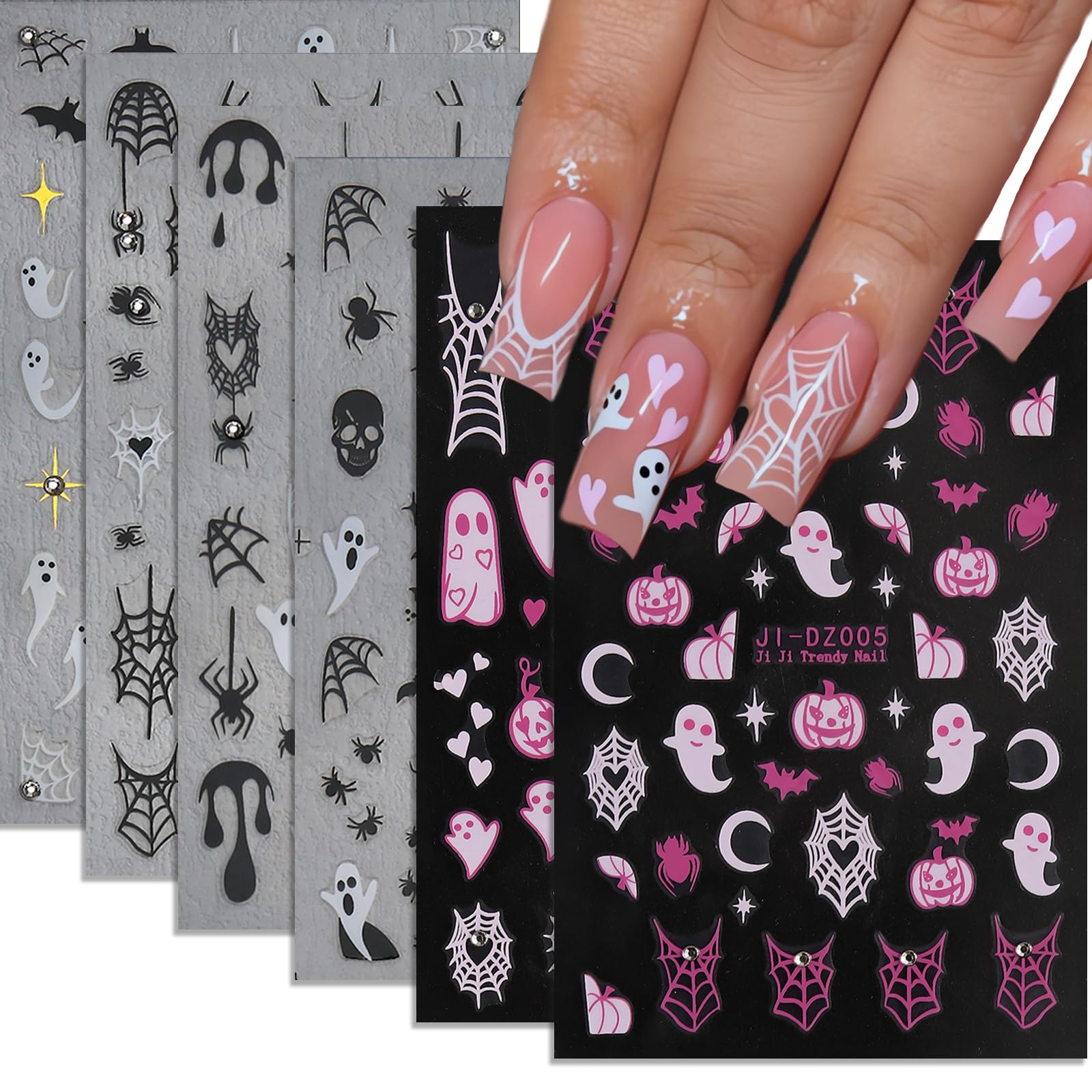 Halloween Nail Art Stickers 6 Sheets Cute Little Ghost Skull Blood Pumpkin 3D Nail Art Self-Adhesive Stickers Nail Spider Web Bat Decoration Pink Ghost Nail Supplies for DIY Nail Decal Art