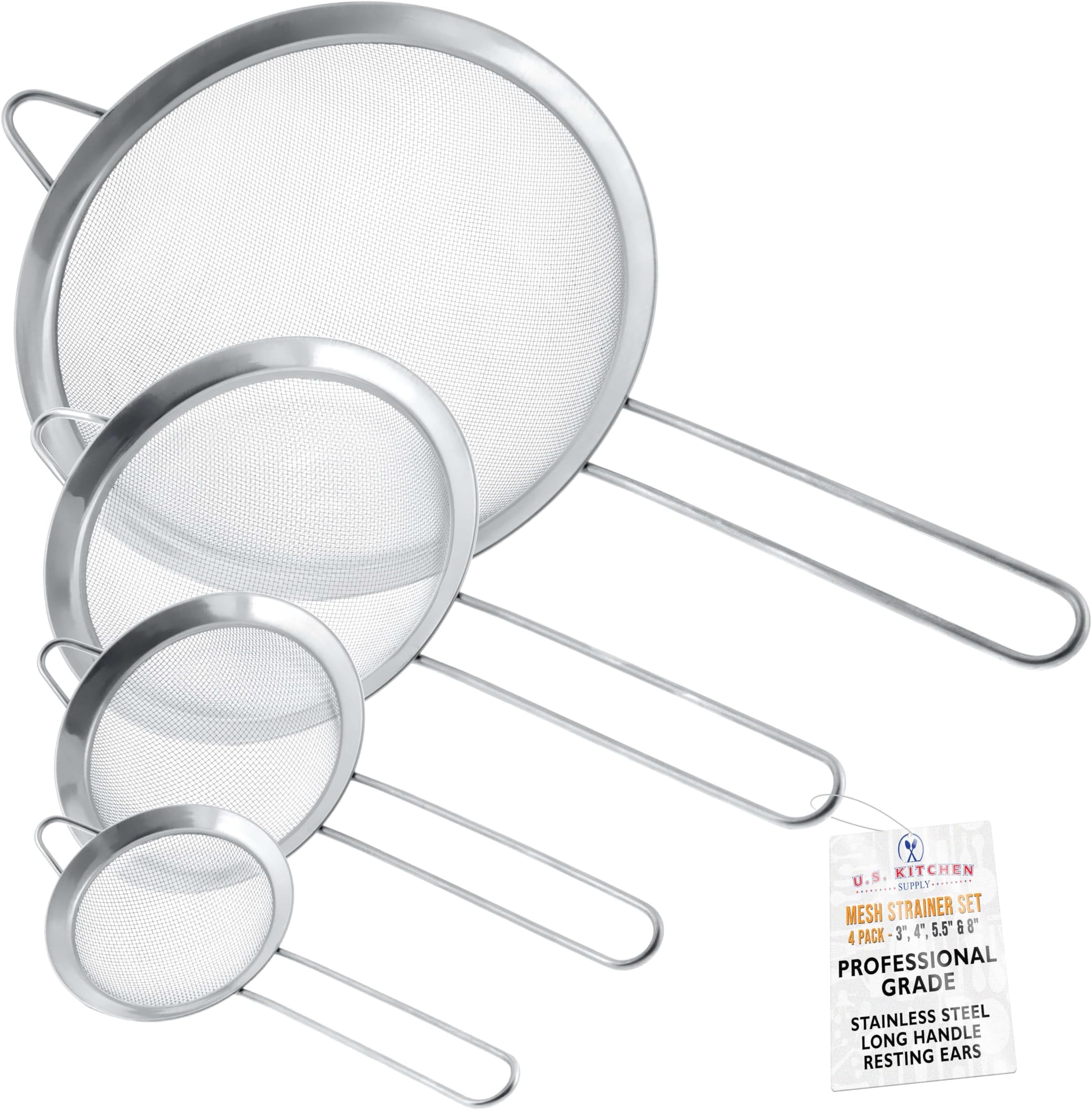 U.S. Kitchen Supply Set of 4 Stainless Steel Strainers - 3", 4", 5.5" & 8" Sizes - Fine Mesh Stainless Steel Sieve for Kitchen Food Products