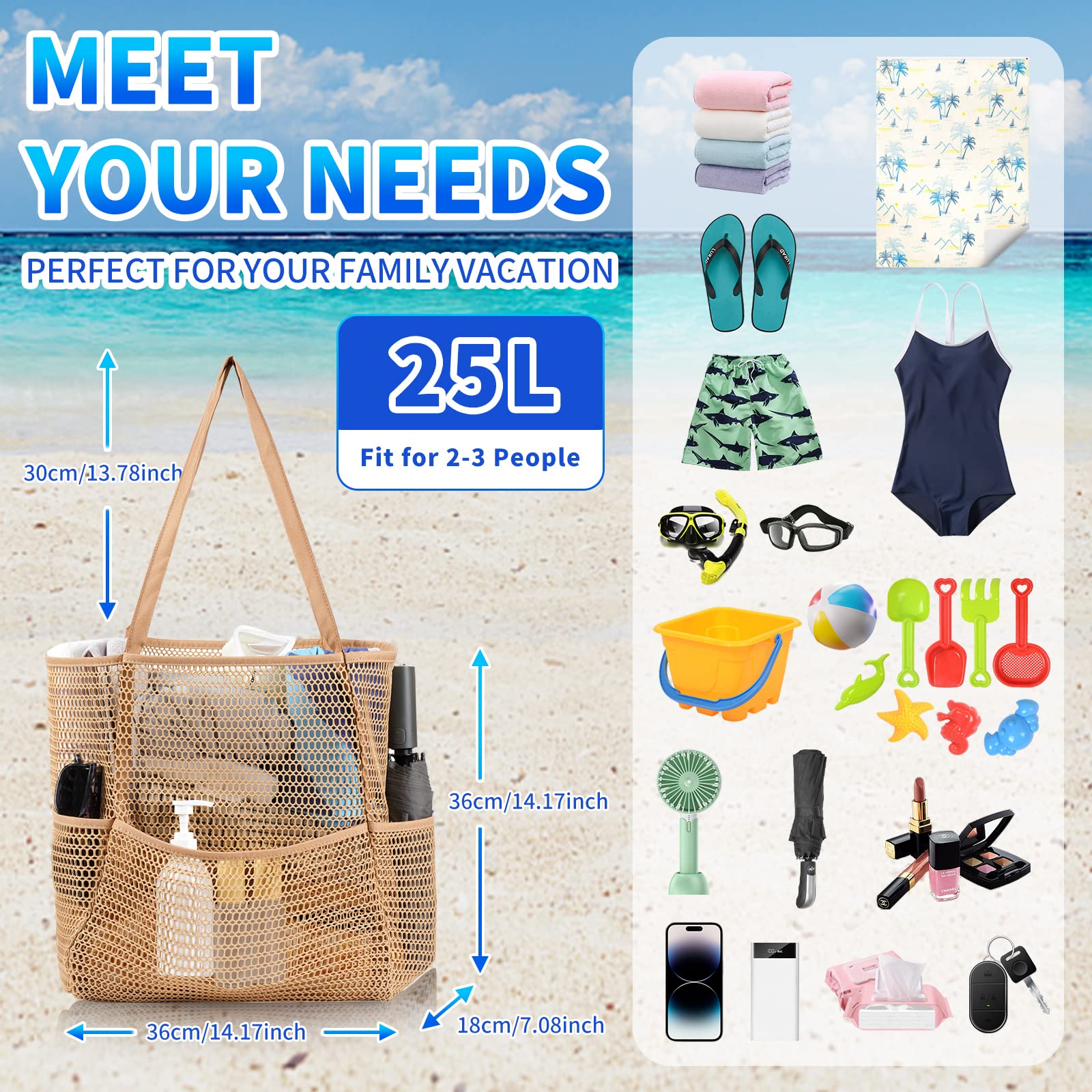 Borsa da Spiaggia Pieghevole in Rete Grande, Donna, Tasche Multiple e Cerniera, per Viaggi Picnic
