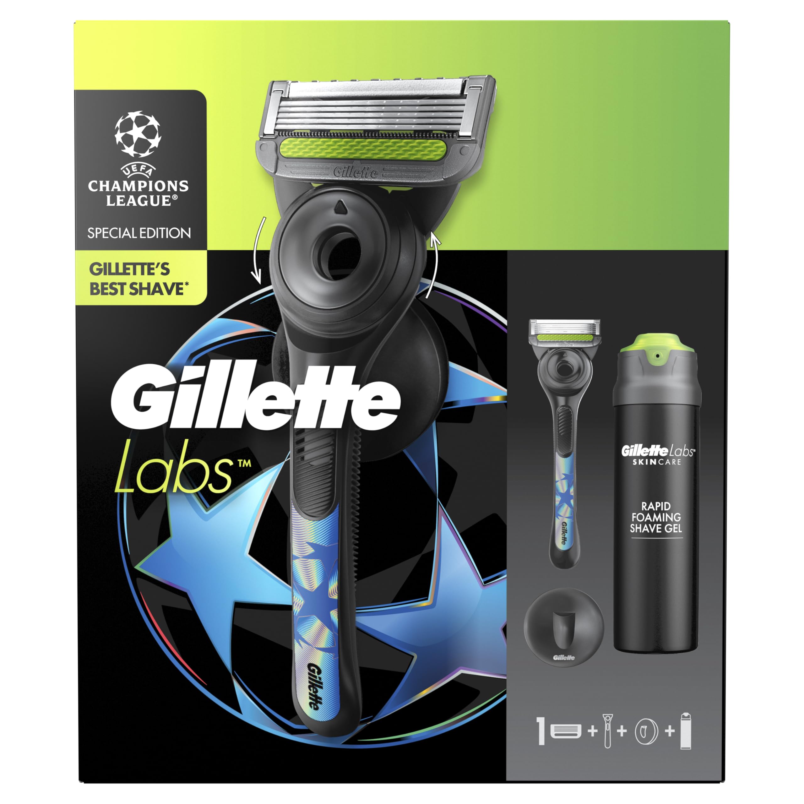 Uefa Champions League Special Edition Gillette Labs Rasoio a Mano Libera con Barra Esfoliante, Manico Rasoio Barba Manuale Gillette Labs+ 1 Lamette di Ricambio, Include Gancio da Parete + Gel da Barba