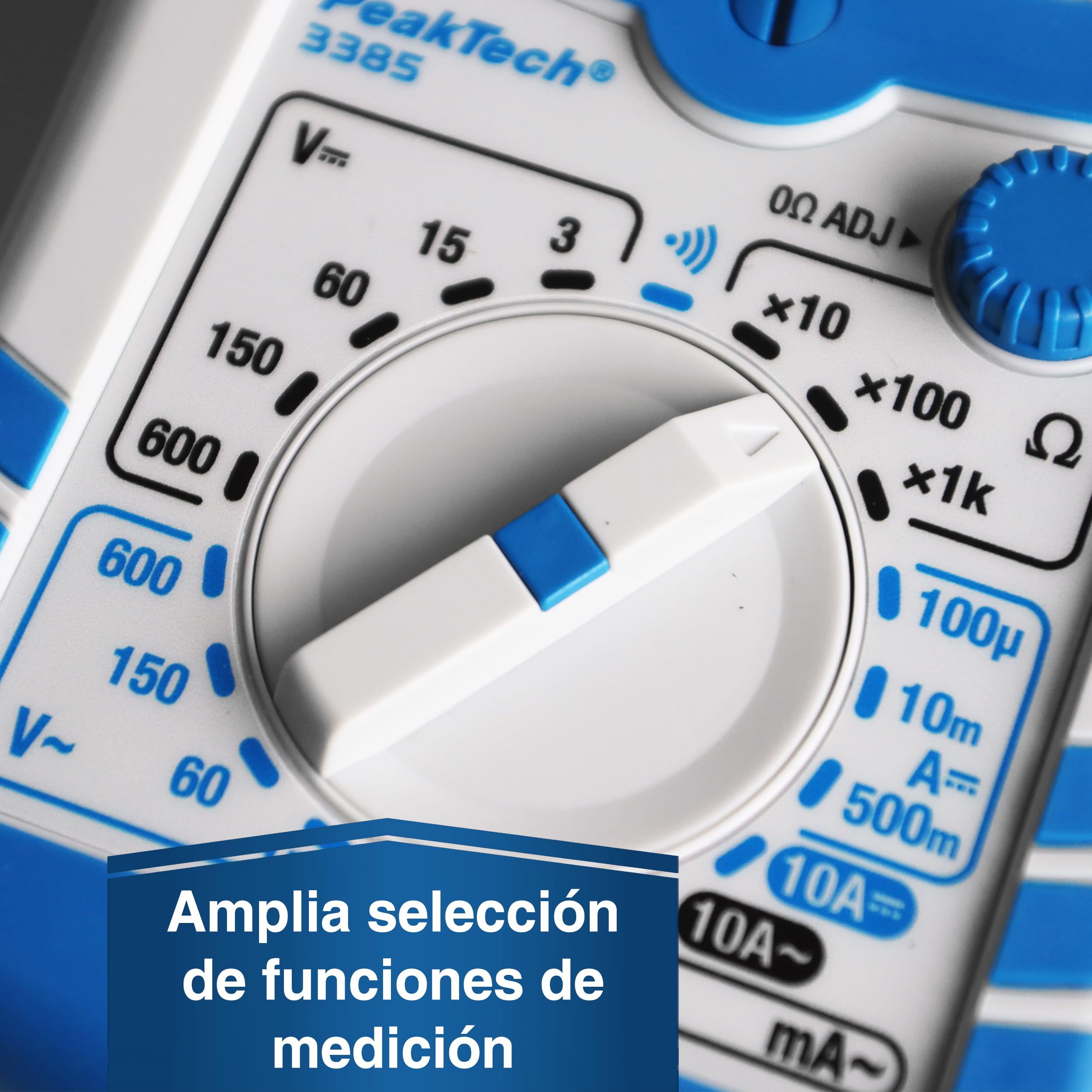 PeakTech, Multímetro analógico P 3385, Aparato de medida con voltímetro, amperímetro, comprobador de continuidad, ohmímetro, Hasta 600V AC DC 10A, Apto para instalación eléctrica de 230V