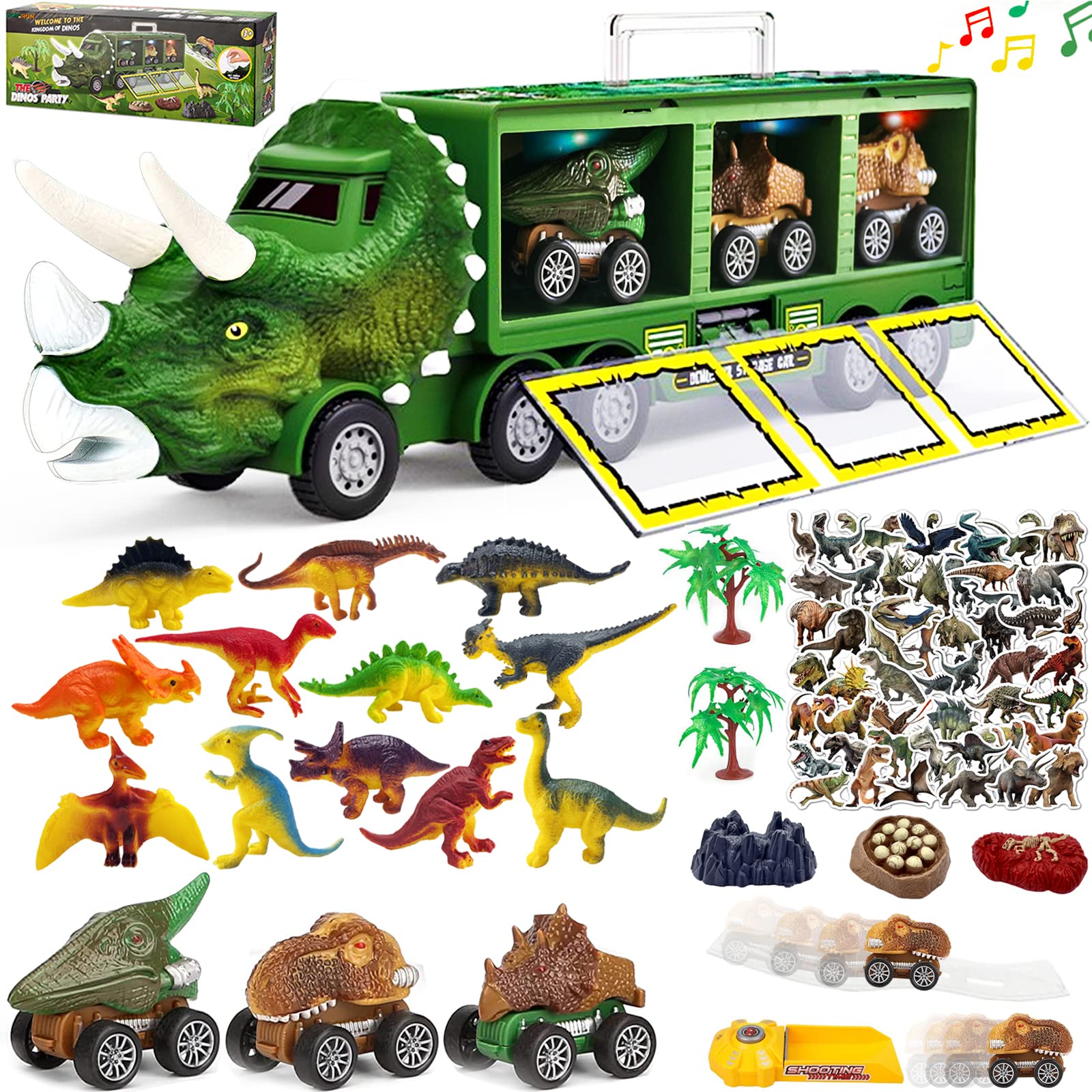 Tabiger Dinosaur Truck Toy Car Transporter Carrier Set 3 Pull Back Dinosaur Cars 12 Dinosaur Figures 50 Stickers Fossil Eggs Trees Slide Launcher, Kids Play Car Dinosaur Toys for Boys Girls Ages 3+
