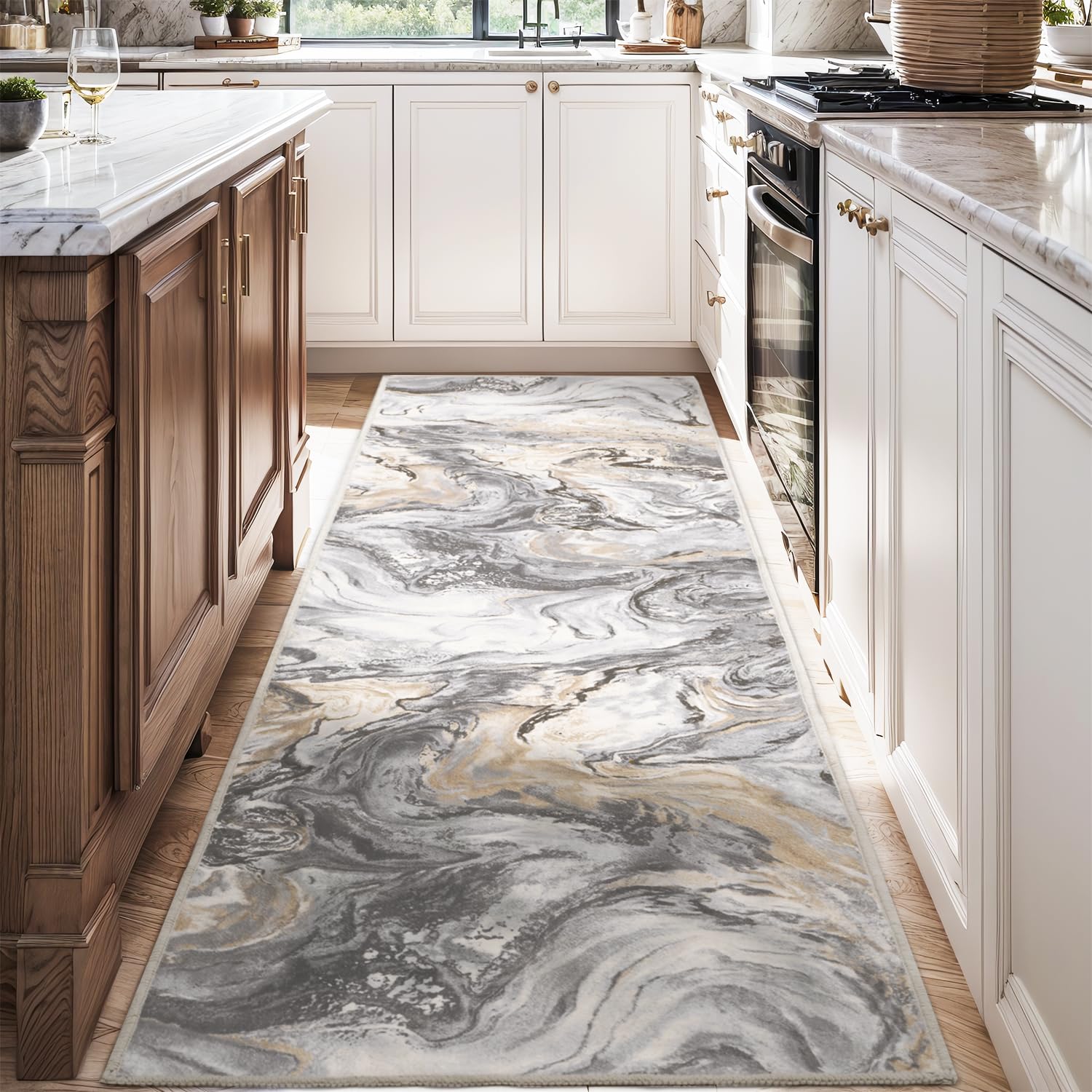 2x8 Runner Rug for Hallways Kitchen Modern Abstract Washable Runner Rug Soft Non Slip Marble Carpet Runner for Laundry Entryway Bedroom Bathroom