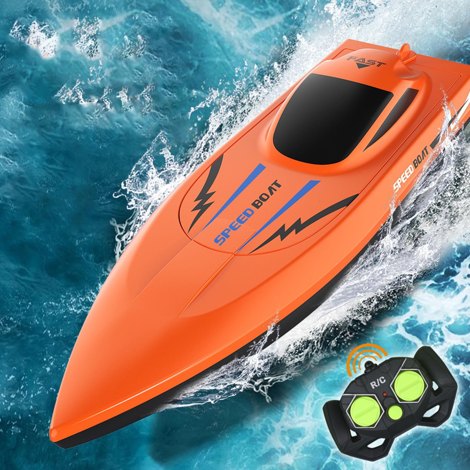 2.4G High-Speed RC Boat with Dual Motors, Fast RC Boat, High Speed Remote Control Racing Boat, Waterproof Electric Fast Speed Boat for Lakes & Pools & Salt Water, Summer Toys for Adults Kids (Orange)