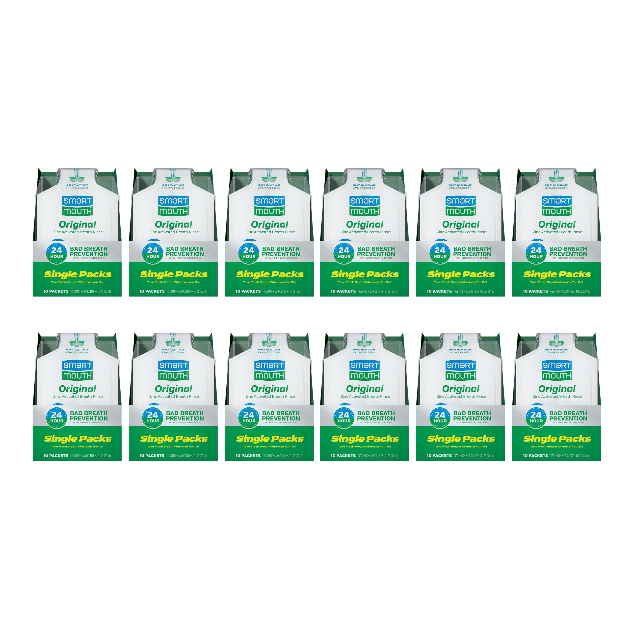 Mouthwash Travel Packets for 24 Hours of Fresh Breath Guaranteed, 12 Boxes, 10 packs each