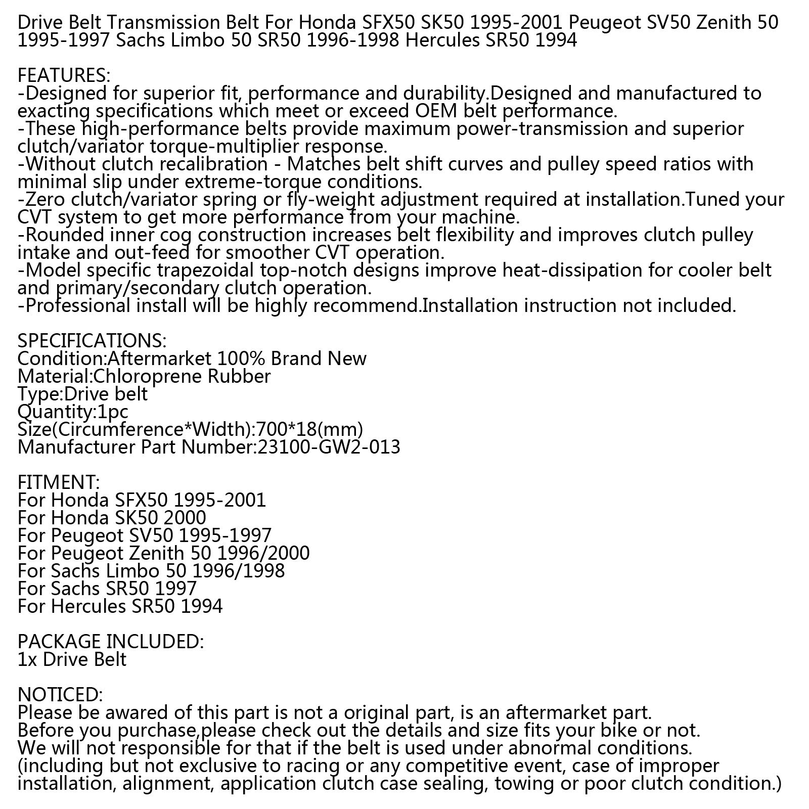 Courroie De Transmission Pour Honda SFX50 / SK50 – Référence 23100GW2013, Caoutchouc Renforcé, 69,5 Cm