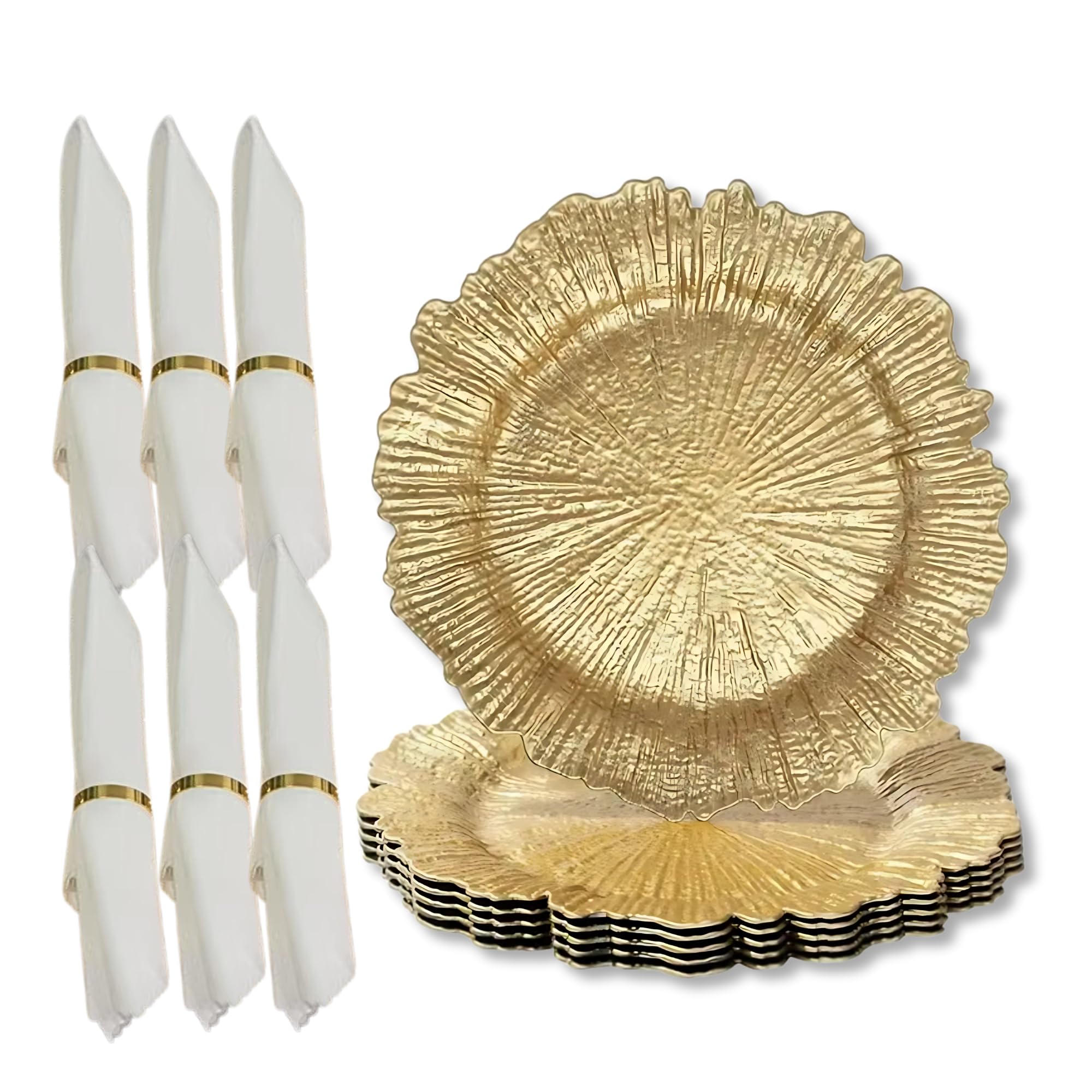 18 Pieces Set: 6 Gold Plastic Charger Plates With Coral Reef Design 13-inch, 6 white Polyester Napkins, 6 Gold Metal Napkin Rings for Weddings, Parties, Dinners, Plate Chargers for Table Setting