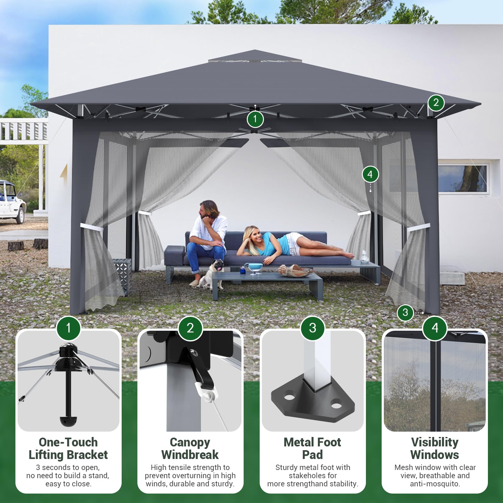 Faltpavillon 4X4 Höhenverstellbar, Pop-Up Pavillon, Gartenpavillon mit 4 Moskitoseitenteilen-Transporttasche-Windseil-Erdnägel, Metall & 210D Oxford-Gewebe, Zelt für Gartenparty Wasserdicht, Anthrazit