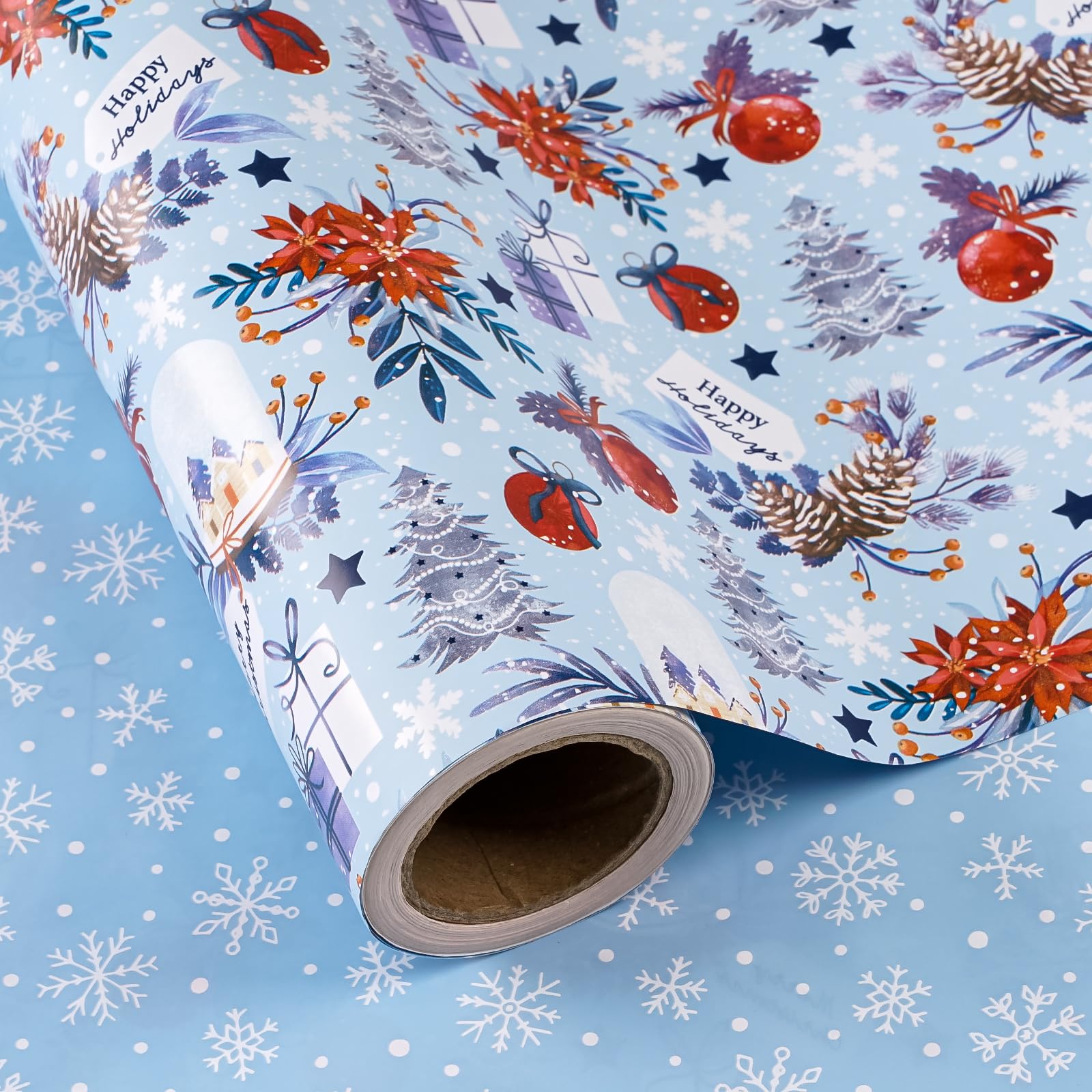 RUSPEPA Reversible Christmas Wrapping Paper - Mini Roll - 43.2cm x 10m - Red & Blue Snow Globe, Poinsettias and Snowflake Wrapping Paper for Xmas, Party Celebration