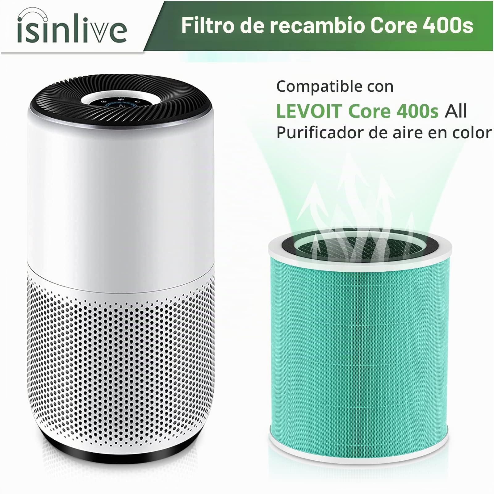 Core 400S - Filtro de repuesto para LEVOIT Core 400S Smart WiFi Air Purifie-r, filtro de carbón activado HEPA 3 en 1, Core400S-RF-TX (LRF-C401-GUS), verde, paquete de 2