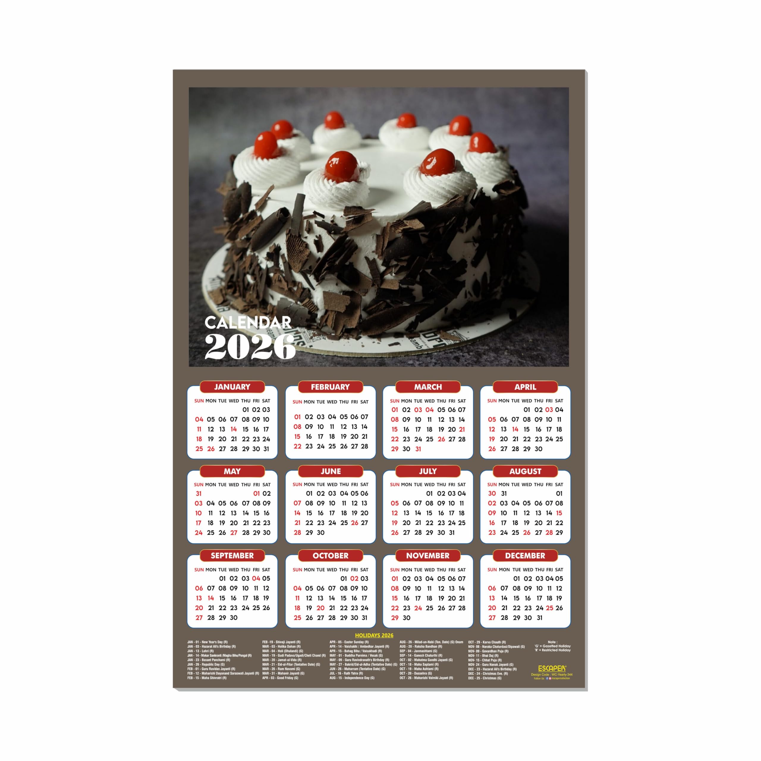 ESCAPER Calendario de pared 2026 con platos de comida, 45 x 30 cm, panadería, cafetería, pizza, comida rápida y cocina china, calendario de decoración de pared para el hogar, cocina y restaurante