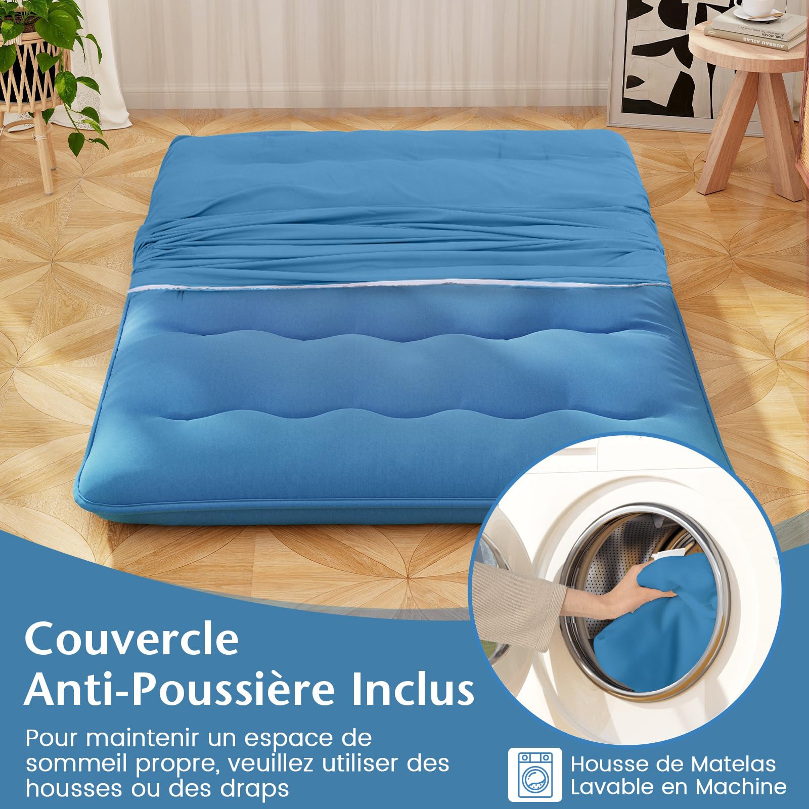 COSTWAY Matelas Futon Japonais 140 x 200 cm, Matelas Portable Pliable, Housse Lavable, Matelas de Sol avec Sac de Transport, pour Camping, Voyages (Bleu)