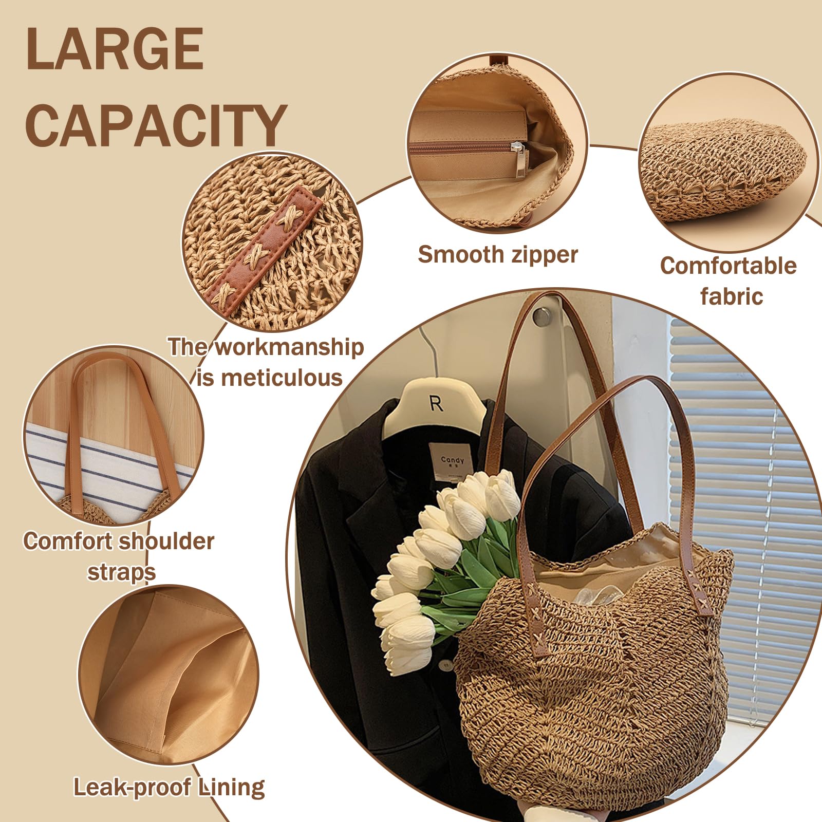 Borsa da Spiaggia Grande, Borsa a Mano in Paglia con Cerniera e Cinturino, Spiaggia in Stile Bohémien Estivo, Borsetta Donna di Vacanza Casual, Adatta per Viaggi in Vacanze