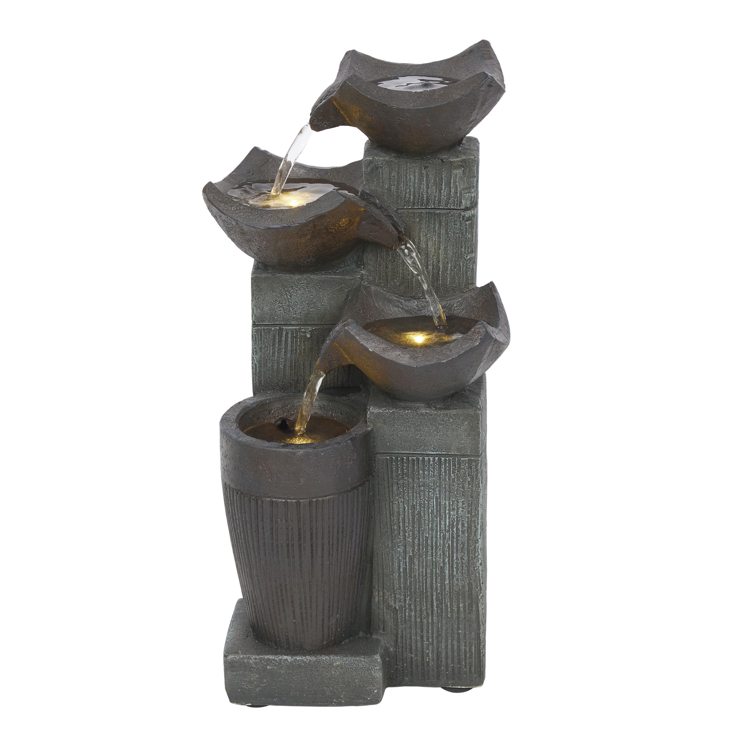 Alpine Corporation TZL414 14" 4 Tier Squared Bowls Fountain with LED Lights, Elegant Tabletop Water Feature for Home, Office, Living Room, Bedroom & Desk Decor, Gray