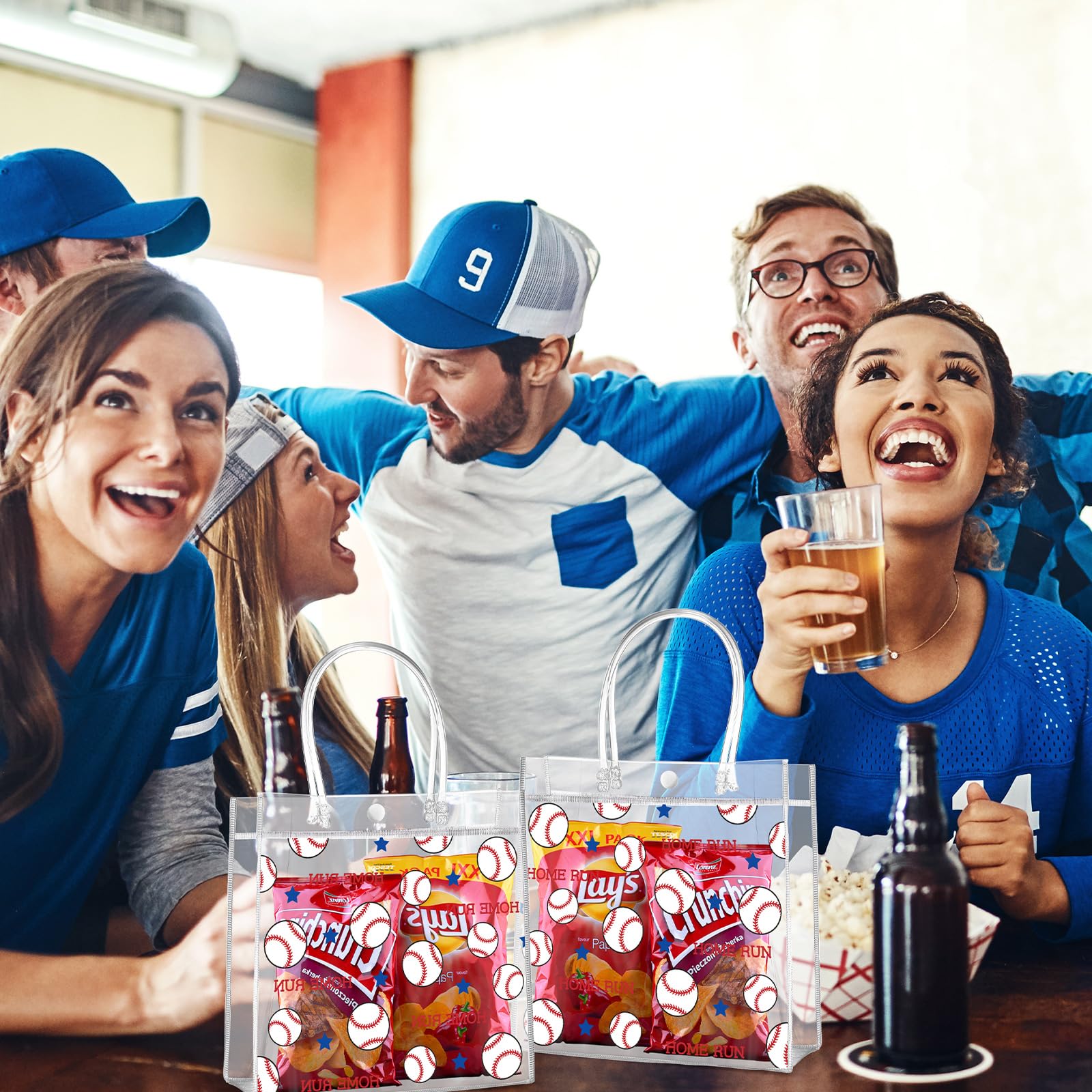 PLUVAVA 16 Pcs Baseball Clear Gift Bags - 8x8x3 Inch Transparent Treat Goodie Bags With Handles