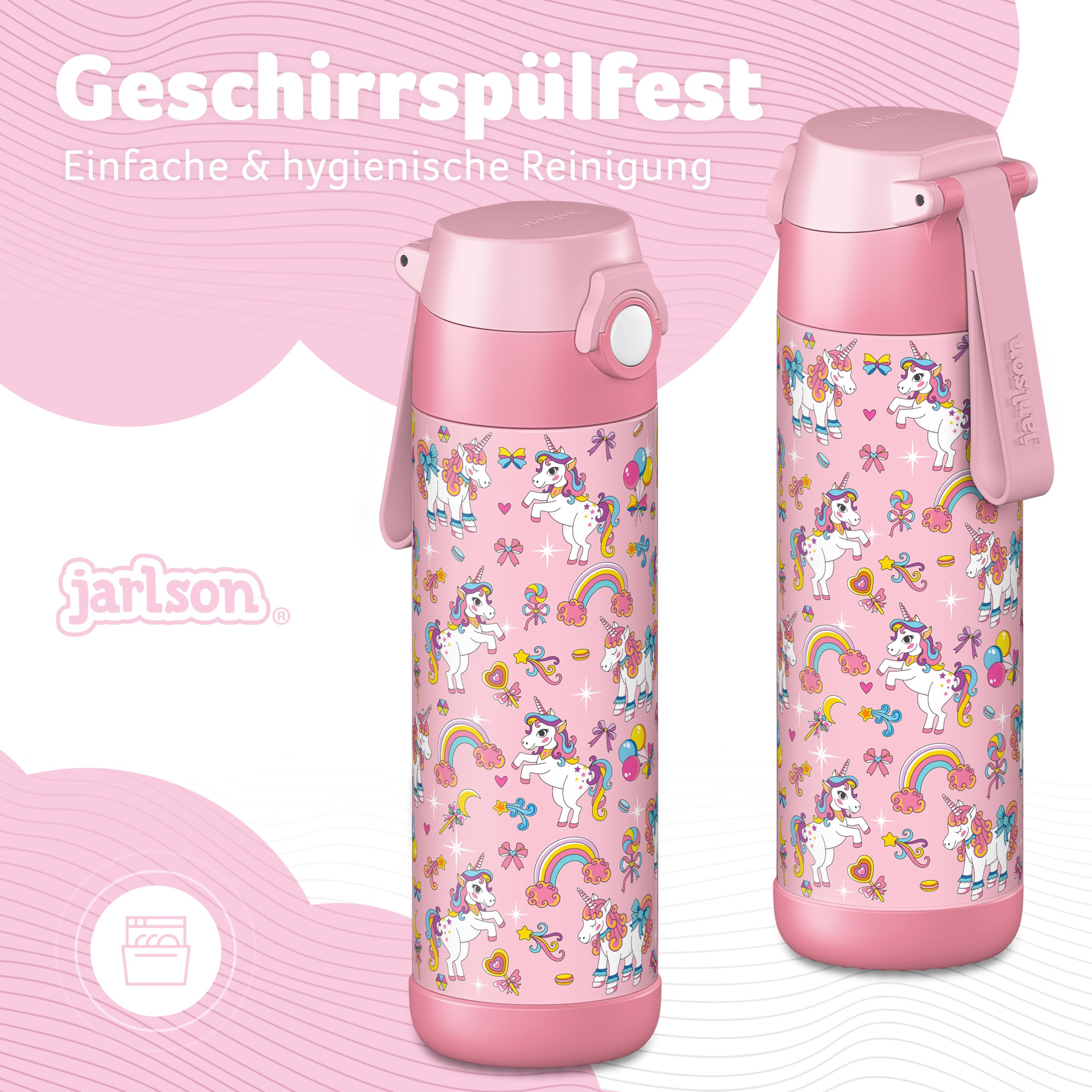 Jarlson® Trinkflasche Kinder Edelstahl MALI [THERMOSFLASCHE] - Kindertrinkflasche Auslaufsicher - Thermoskanne Kohlensäure geeignet - Thermo Trink Flasche für Schule & Kindergarten (500ml, Einhorn)