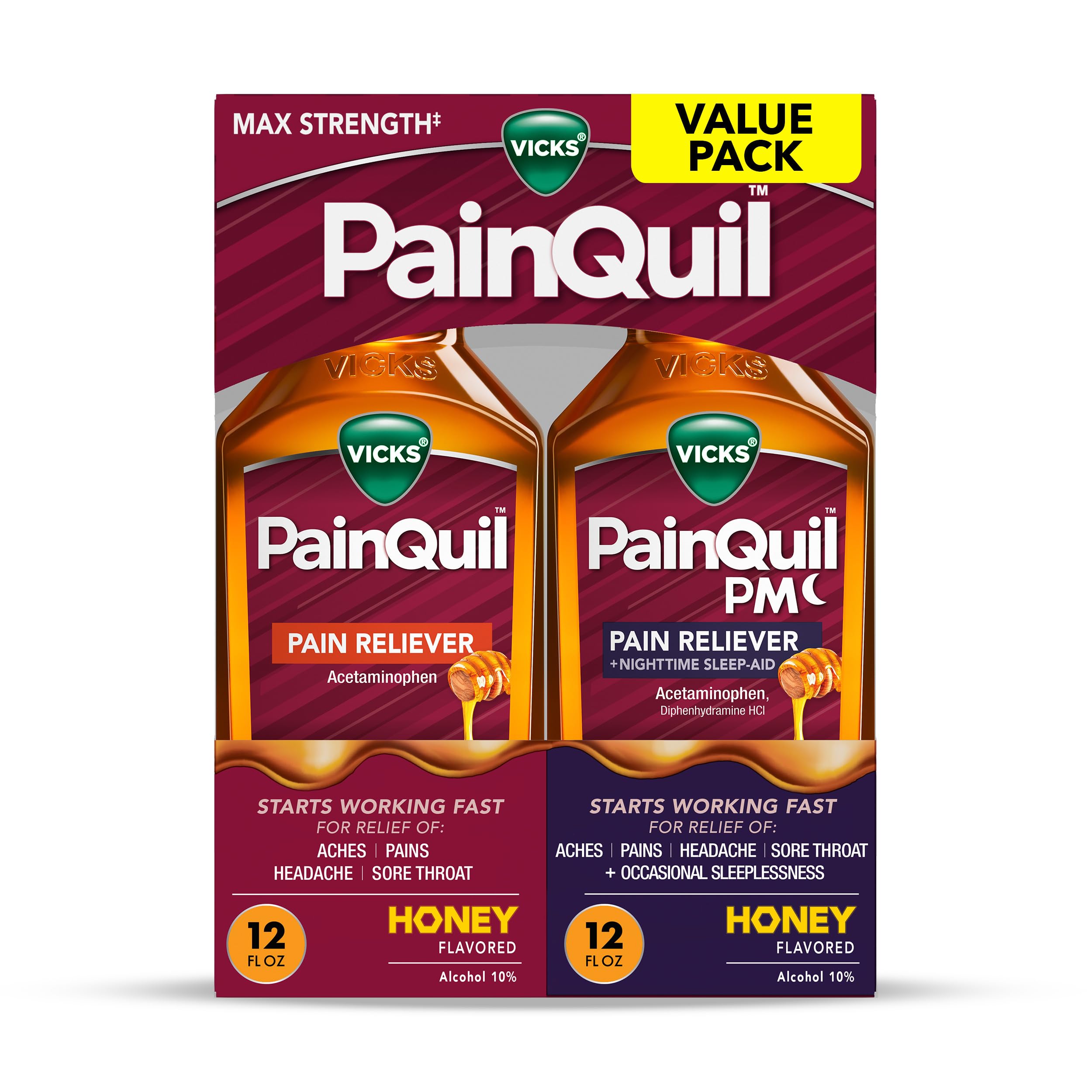 Vicks PainQuil Pain Relief Acetaminophen 1000mg Max Strength Honey Flavored Adult Pain Reliever Liquid 2x12oz, Backache Headache Relief, 1 Daytime Pain Reliever x 1 Nighttime Pain Relief + Sleep Aid