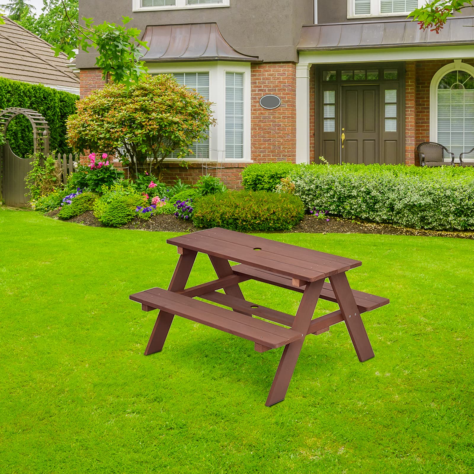 SOARS Mesa de Picnic para Niños con 2 Bancos de Madera Maciza, Conjunto de Asientos Infantiles con Sombrilla, Mesa y Banco de Jardín, Conjunto de Muebles Infantiles para Jardín, Patio