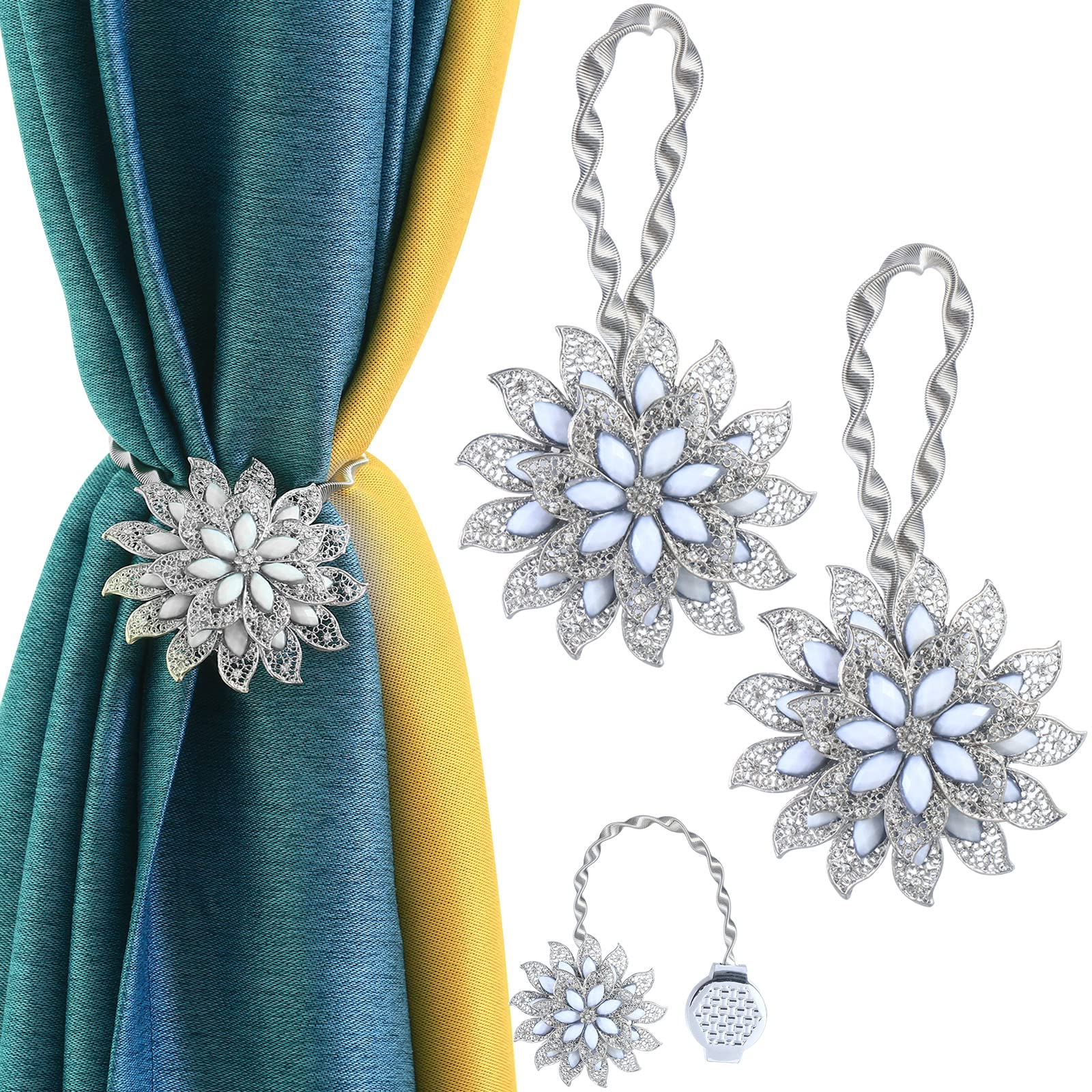 2 Packs Magnetic Curtain Tiebacks Metal Sparkling Curtain Holdbacks for Drapes Heavy-Duty Decorative Tie Backs for Thick Curtains Outdoor Strong Magnets Curtain Holders for Draperies Home Decoration