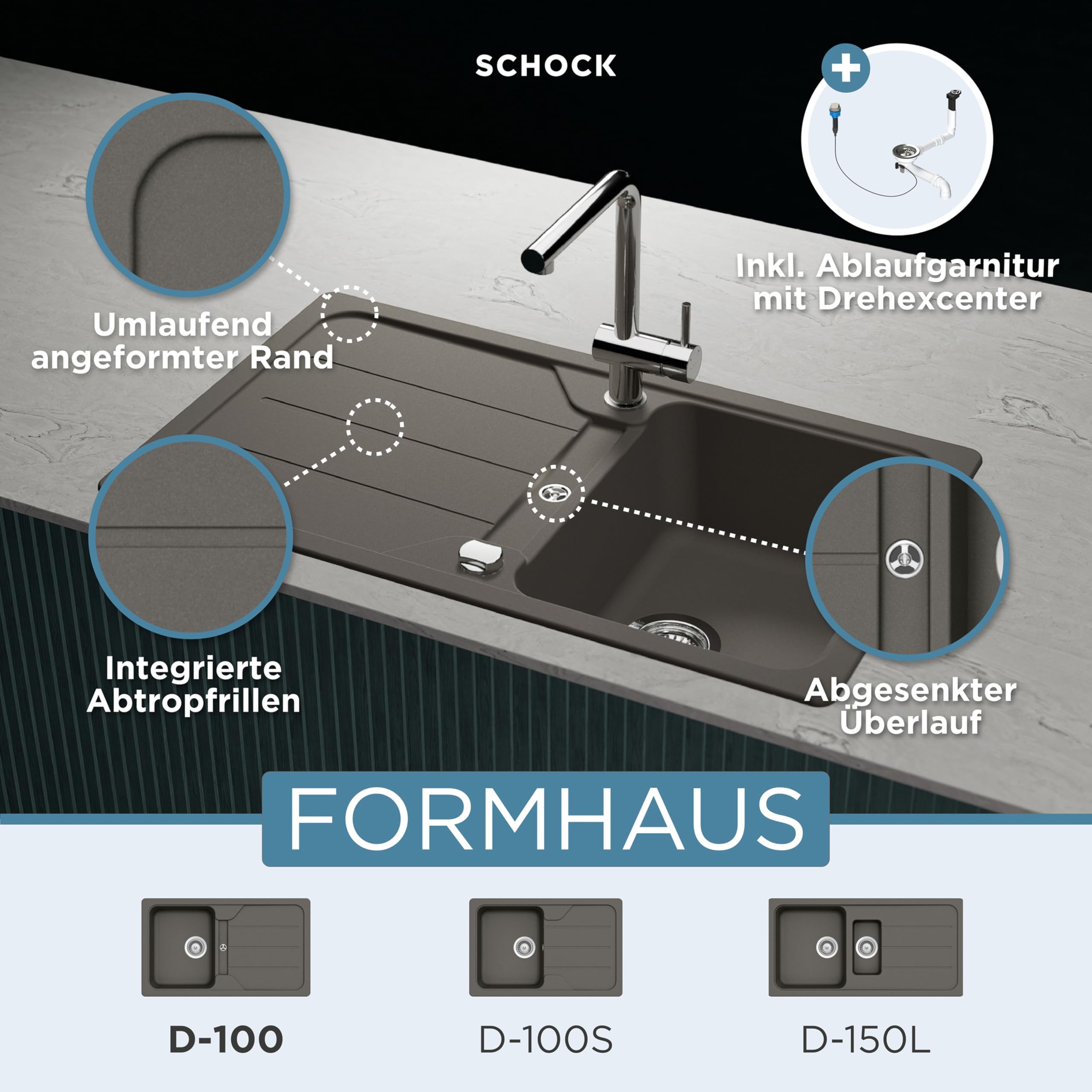 SCHOCK Küchenspüle Formhaus D-100 Asphalt 86x50 cm | Granitspüle aus CRISTALITE Grau mit Abtropffläche | Spüle für 45 cm Unterschrank | Reversible Einbauspüle | Langlebige Quarzkomposit-Oberfläche