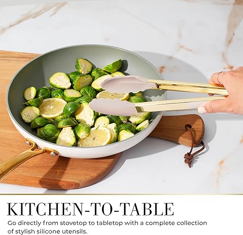 Miniatura 7 de Juego de utensilios de cocina beige y dorado de 7 piezas, herramientas de silicona no tóxica y acero inoxidable para cocinar, servir y hospedar,