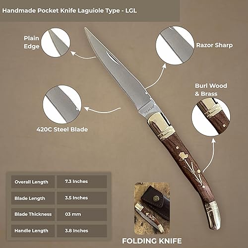 Miniatura 2 de Perkin Navaja de bolsillo hecha a mano con funda de cuero, cuchillos de bolsillo plegables legales para hombres y mujeres, pequeños cuchillos