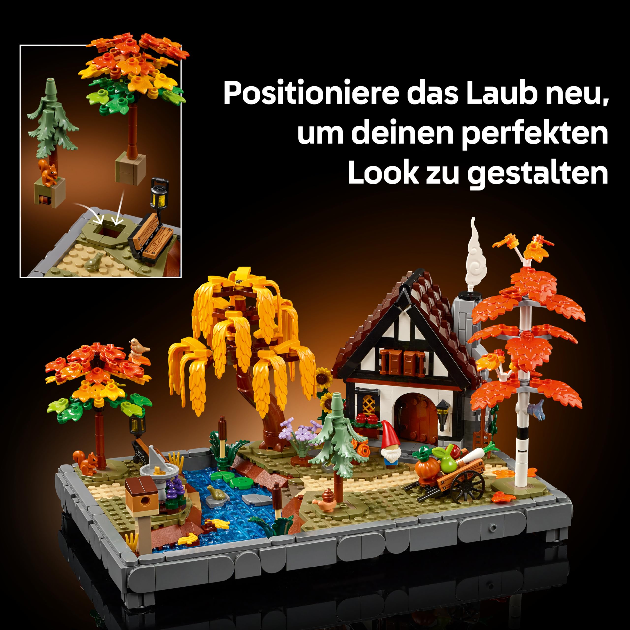 LEGO Icons Herbstlicher Landhausgarten - umgestaltbare Schreibtischdeko für Erwachsene - Tiere Minifiguren - Modellbau im Landhausstil - Kreatives Bauset - Geschenk für Männer & Frauen - 11372