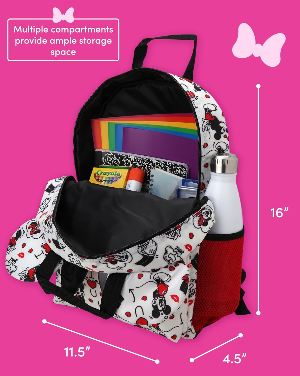 Fast Forward Minnie Mouse Kids Backpack - 16 Inch Bookbag Elementary Backpack for School Girls & Boys with Adjustable Padded Straps, Minnie Bow White