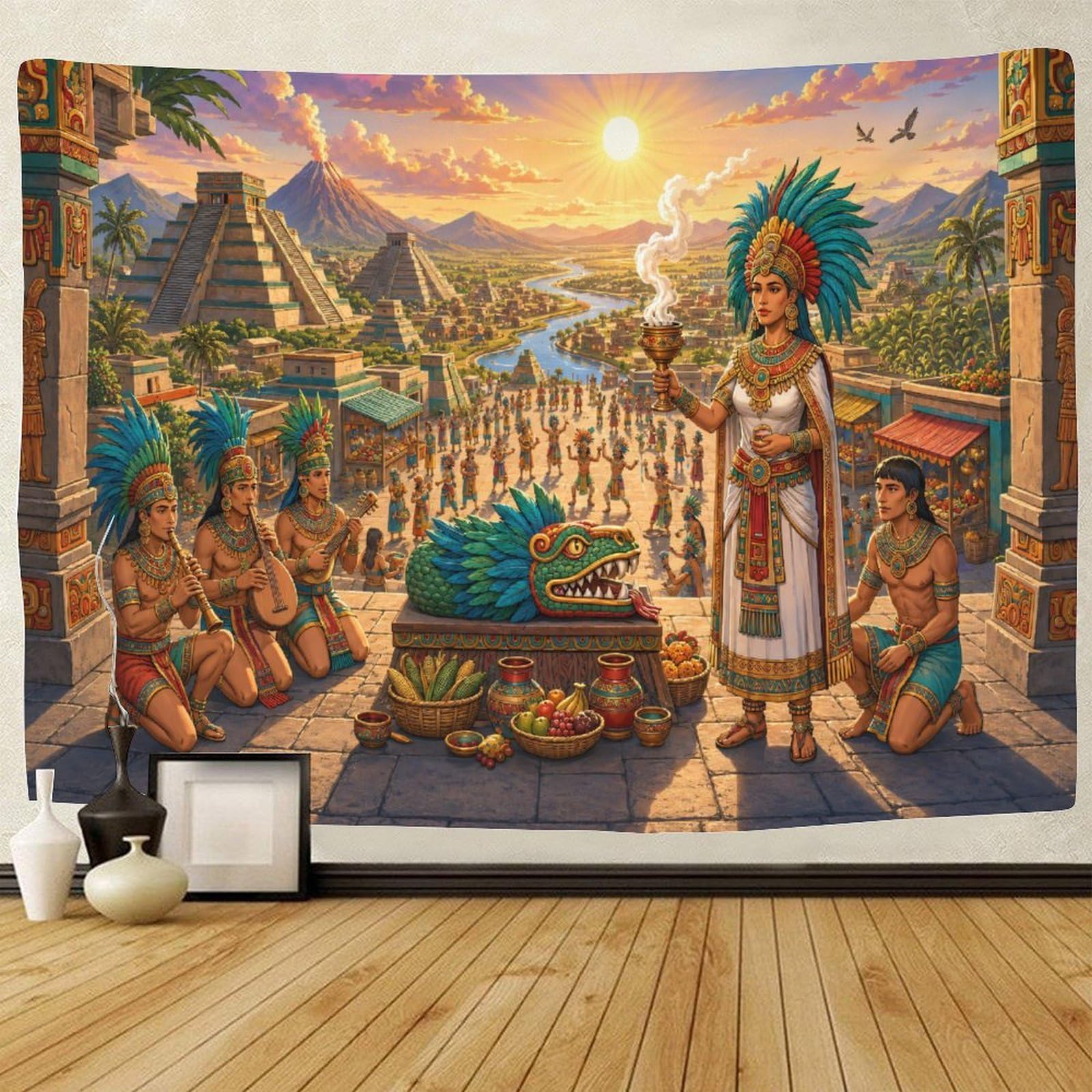 GPMNBCXZK Ancient Aztec Wall Tapestry 3D Print Wall Art Decor Mayan Pyramids Tapestries Poster Home Decoration Bedroom Dorm 180cmx230cm