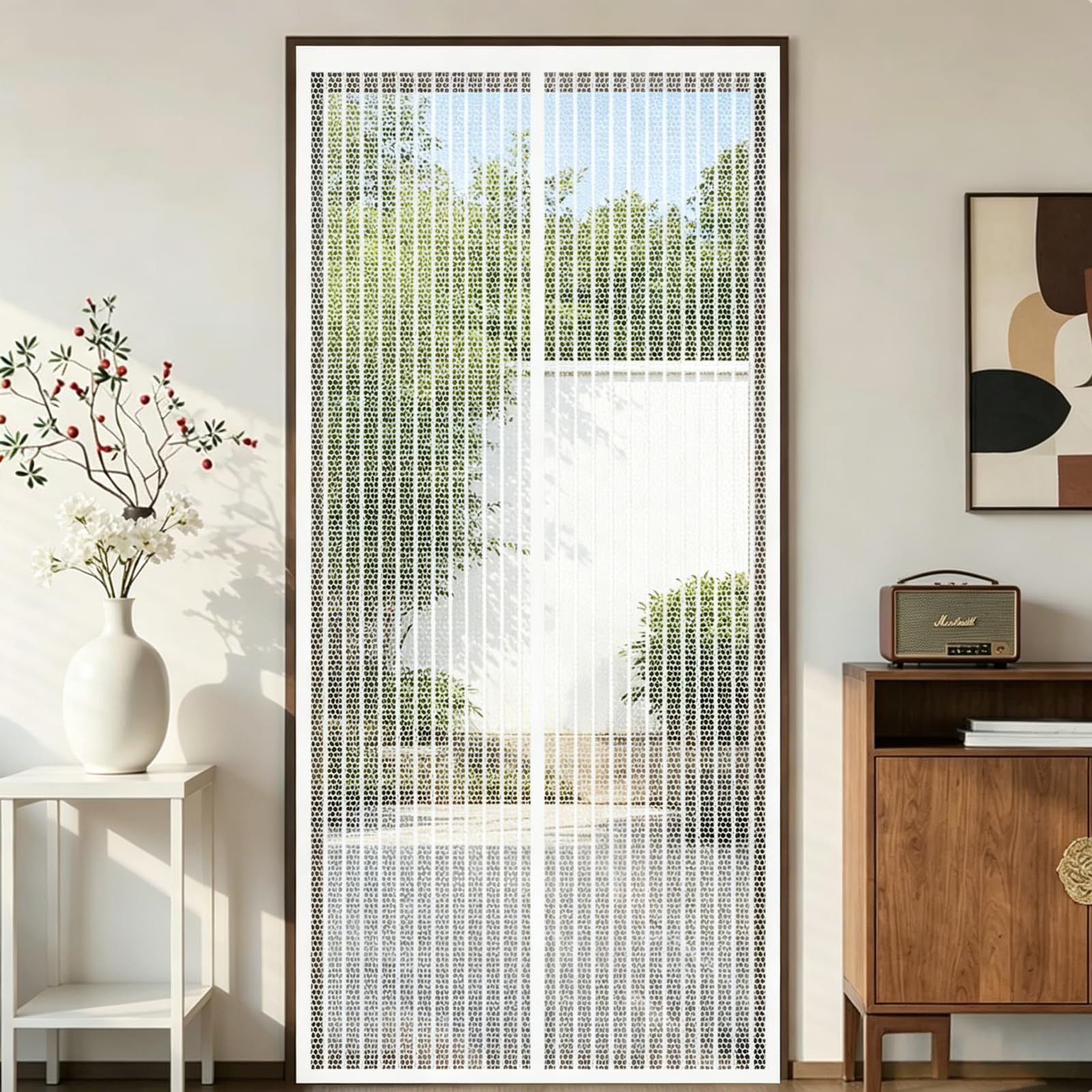 Magnetic Fly Screen Door 112 x 214 cm Keep Bugs Out Lets Fresh Air in Door Fly Screen No Drill Installation Automatically Closes for Patio Doors Balcony Bedroom Doors, White