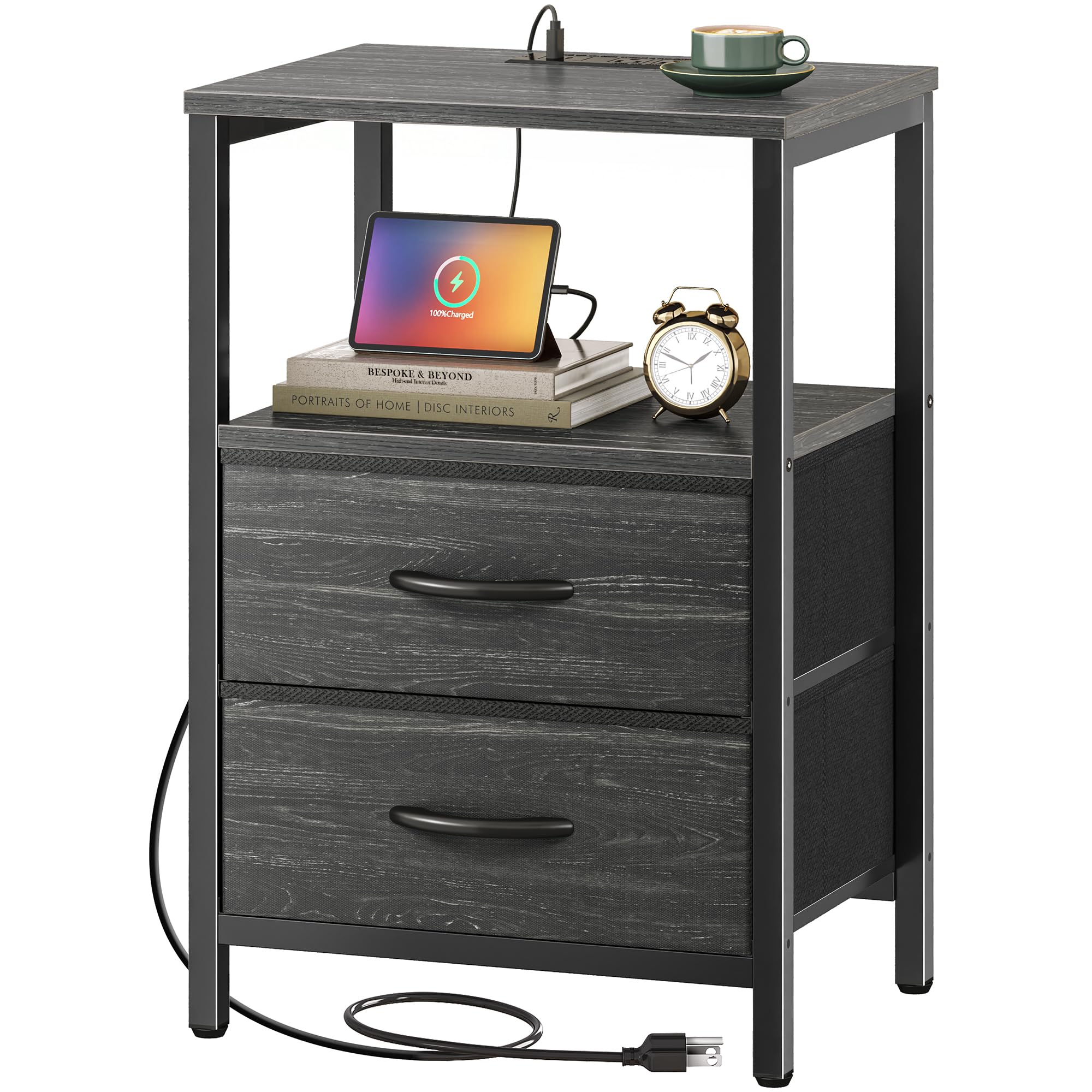 Huuger Nightstand with Charging Station, Fabric Drawers, End Table with Open Shelf, Bedside Table with USB Ports and Outlets, Night Stand for Bedroom, Charcoal Black Wood Grain Print